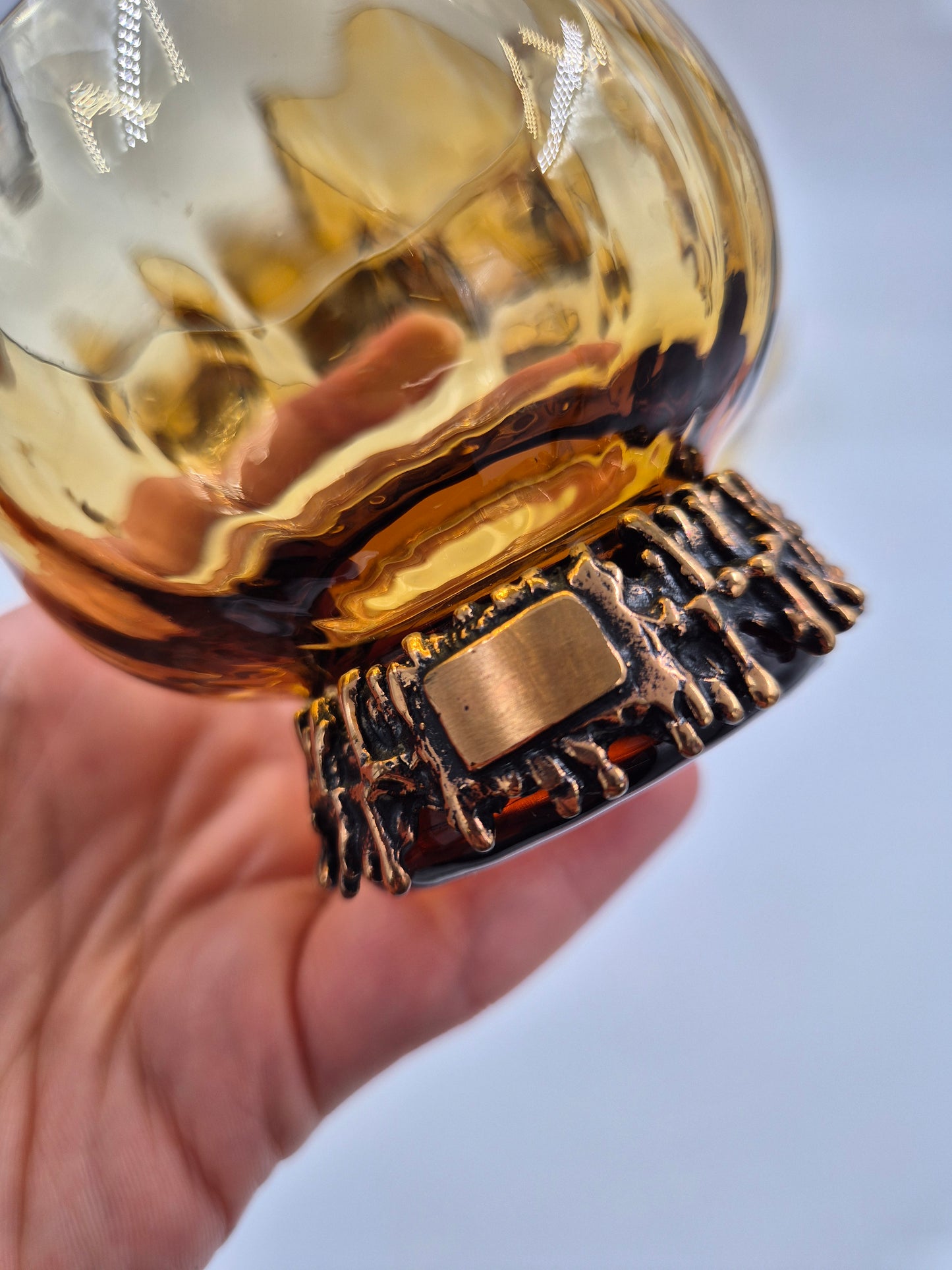 Pentti Sarpaneva Kaarna Vintage Punch Bowl Set – Turun Hopea & Kumela – Amber Glass, Bronze, 8-Piece Finnish Mid Century Modern Barware