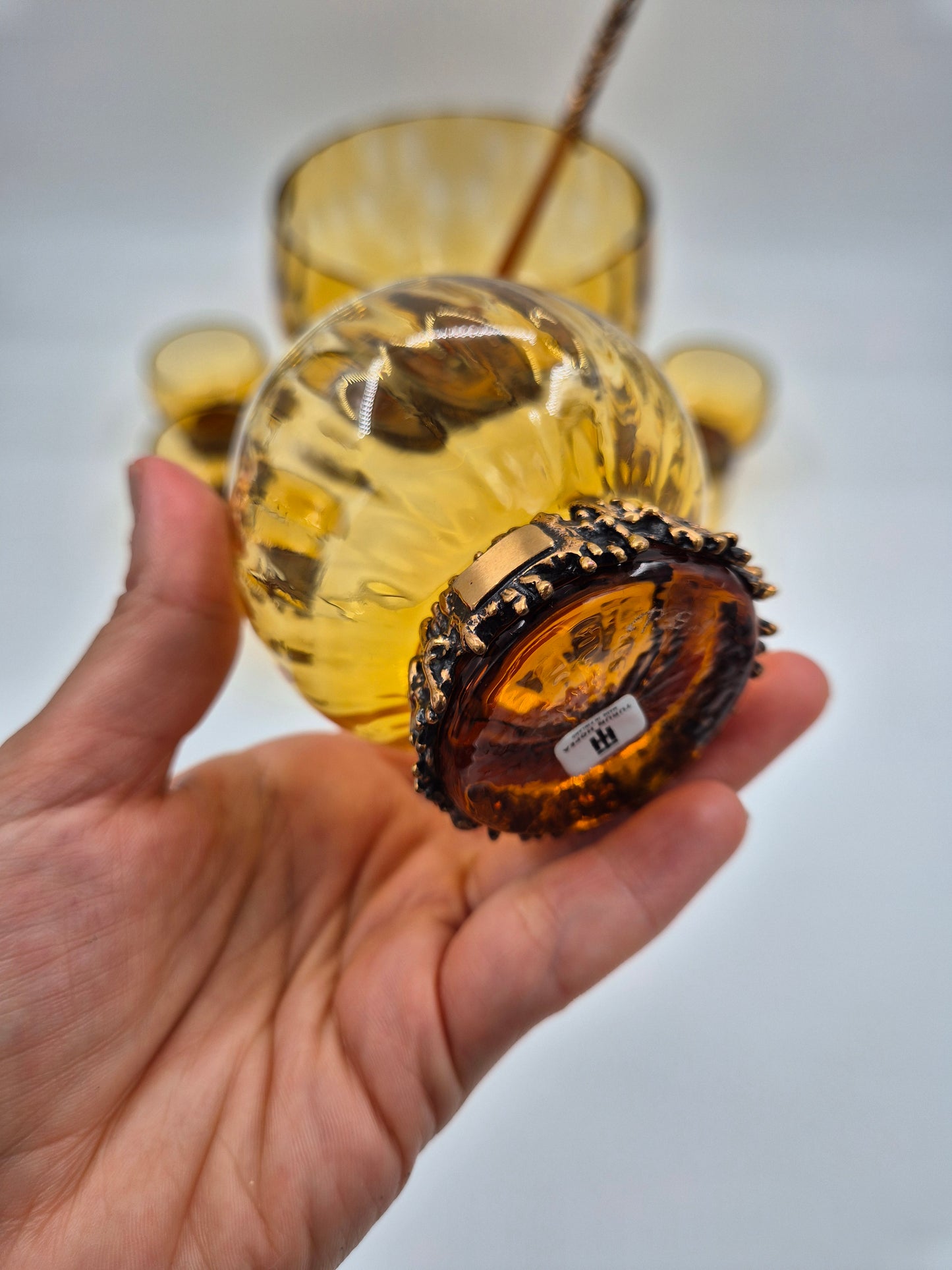 Pentti Sarpaneva Kaarna Vintage Punch Bowl Set – Turun Hopea & Kumela – Amber Glass, Bronze, 8-Piece Finnish Mid Century Modern Barware