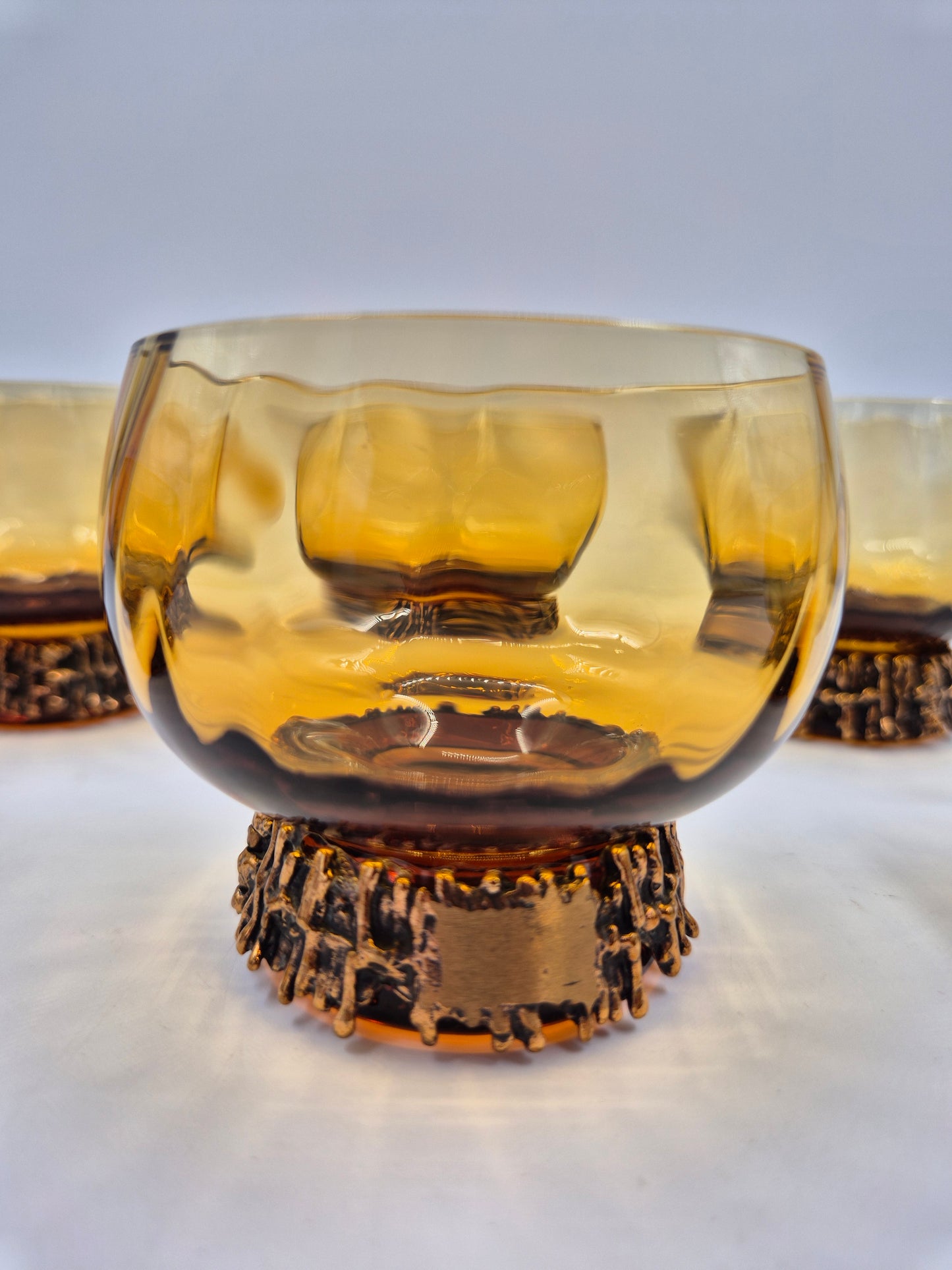 Pentti Sarpaneva Kaarna Vintage Punch Bowl Set – Turun Hopea & Kumela – Amber Glass, Bronze, 8-Piece Finnish Mid Century Modern Barware