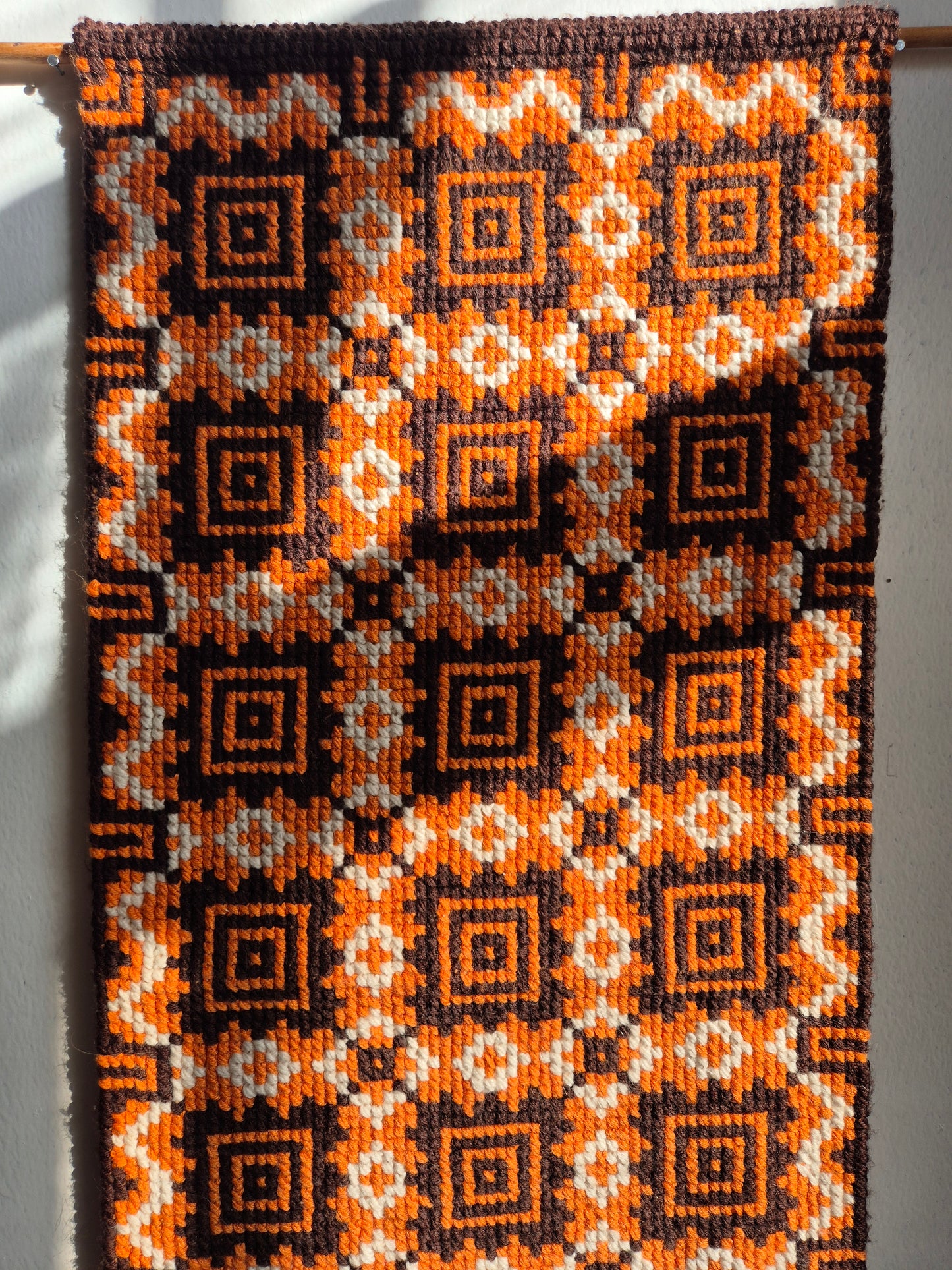 Vintage Finnish Handwoven Wall Hanging – 1970s Scandinavian Geometric Textile Art in Orange Brown & Cream, 43 x 100 cm