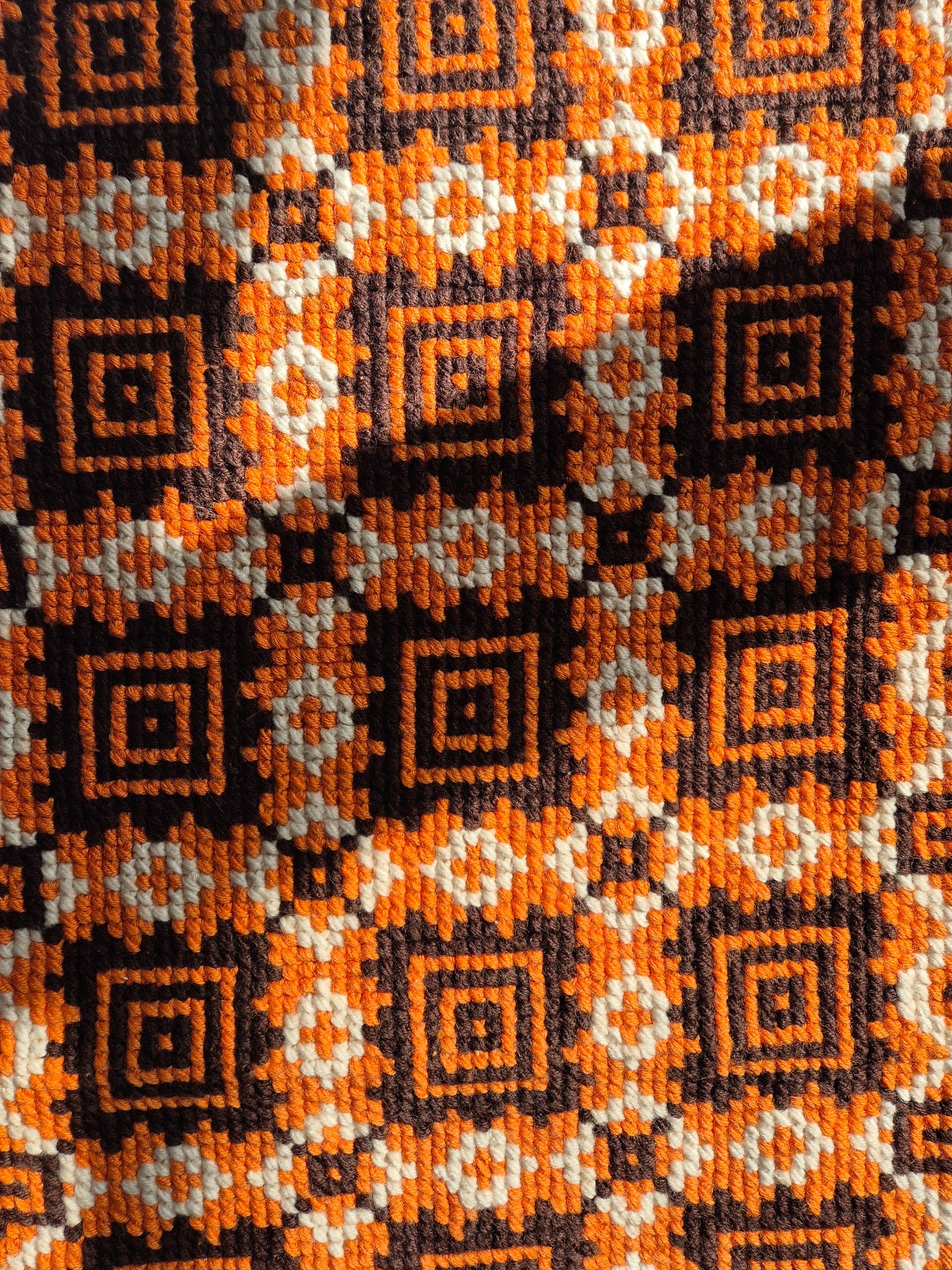 Vintage Finnish Handwoven Wall Hanging – 1970s Scandinavian Geometric Textile Art in Orange Brown & Cream, 43 x 100 cm