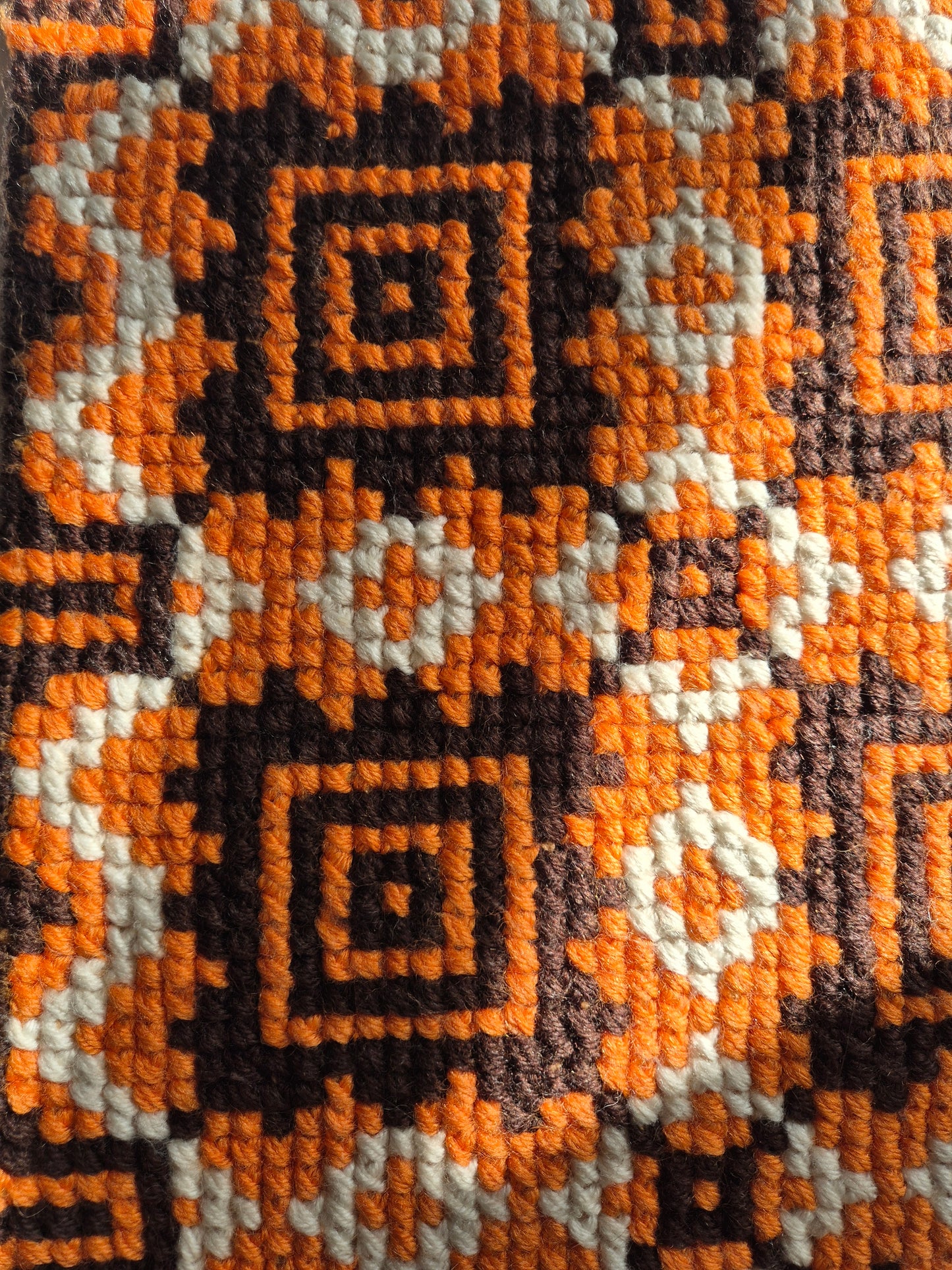 Vintage Finnish Handwoven Wall Hanging – 1970s Scandinavian Geometric Textile Art in Orange Brown & Cream, 43 x 100 cm