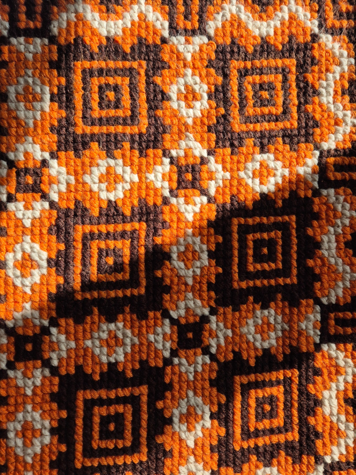 Vintage Finnish Handwoven Wall Hanging – 1970s Scandinavian Geometric Textile Art in Orange Brown & Cream, 43 x 100 cm