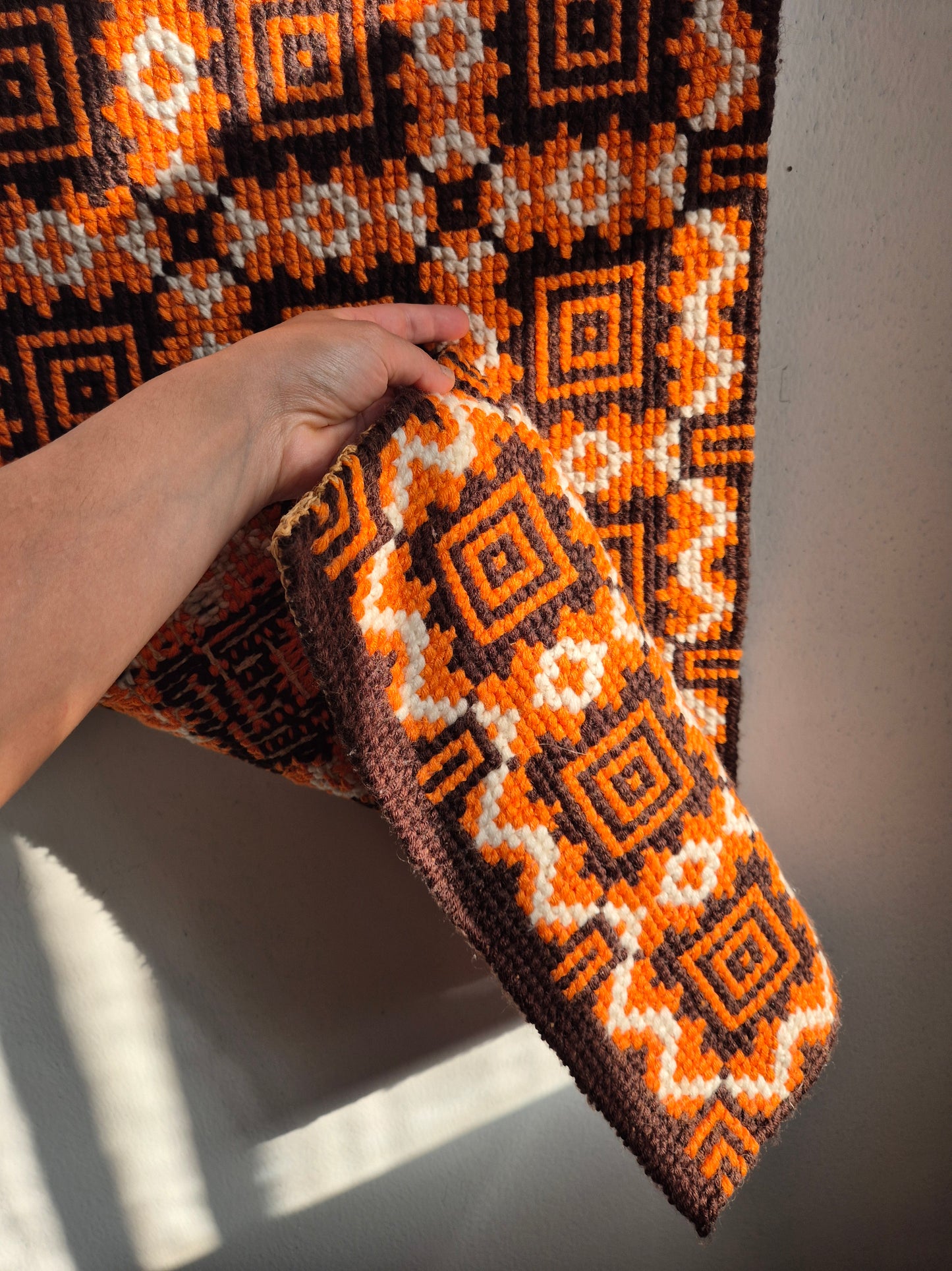 Vintage Finnish Handwoven Wall Hanging – 1970s Scandinavian Geometric Textile Art in Orange Brown & Cream, 43 x 100 cm