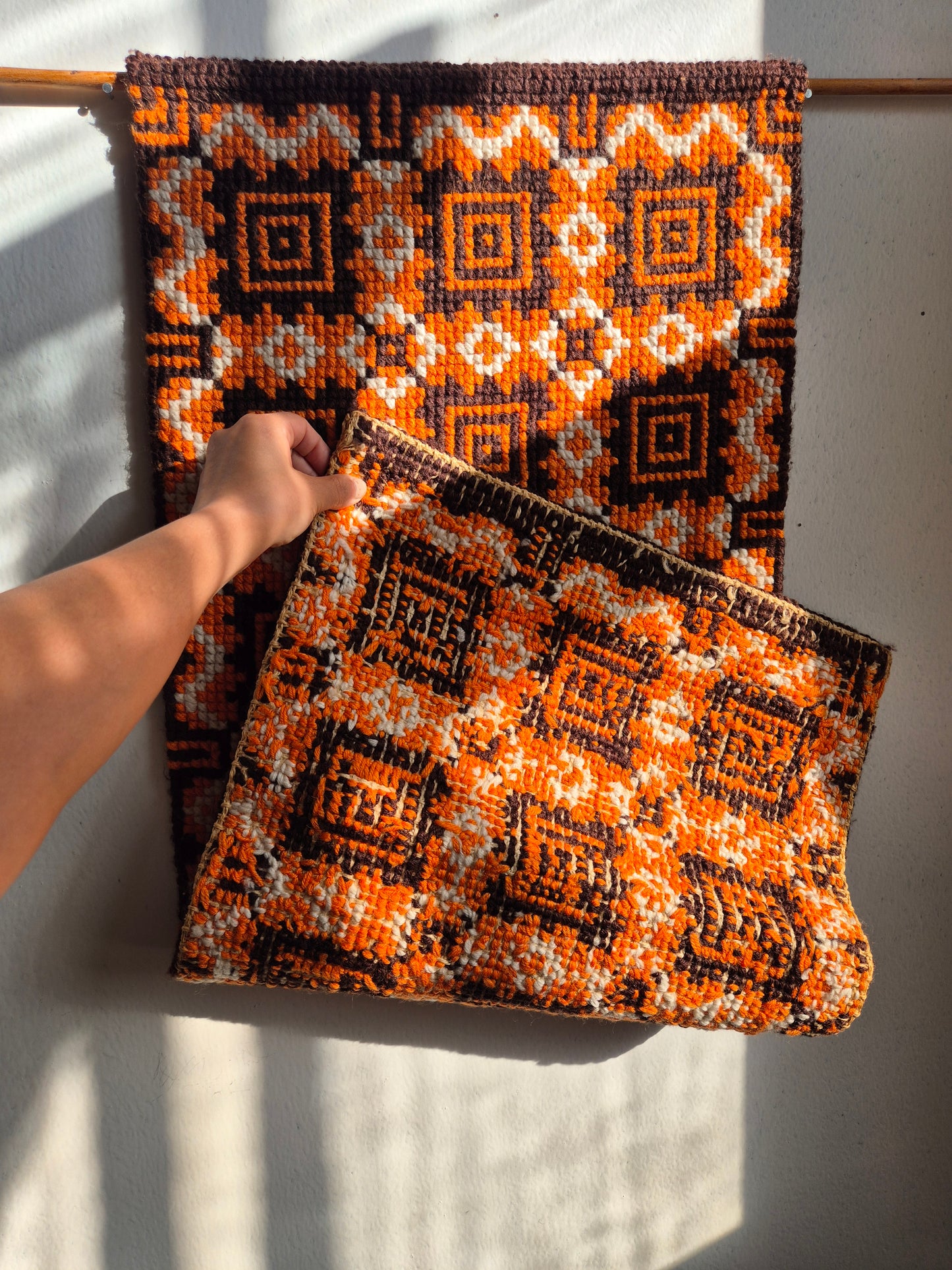 Vintage Finnish Handwoven Wall Hanging – 1970s Scandinavian Geometric Textile Art in Orange Brown & Cream, 43 x 100 cm