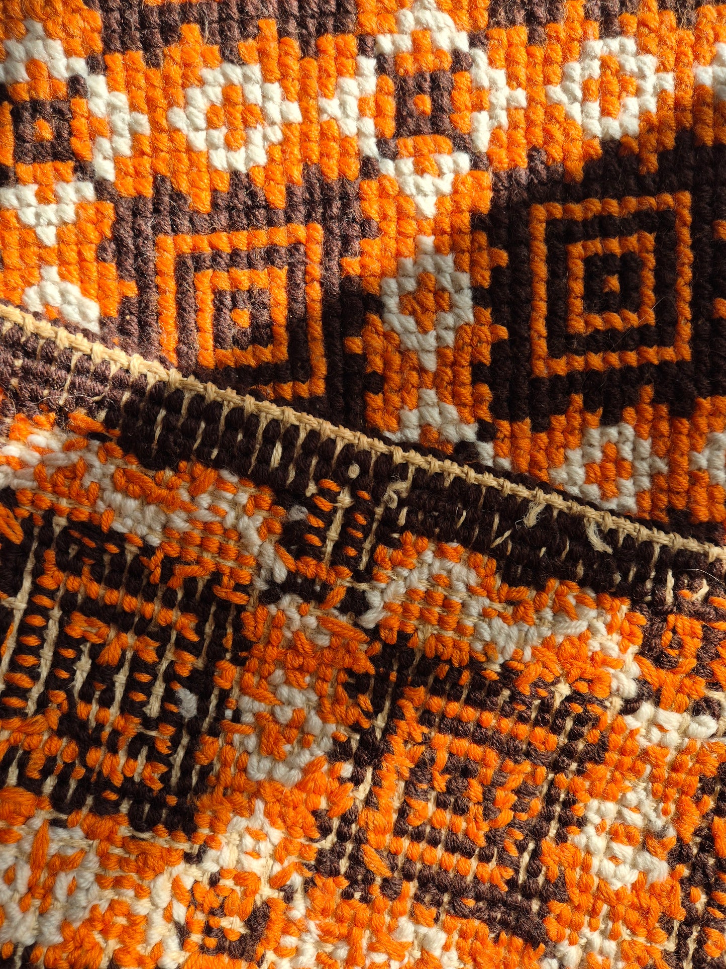Vintage Finnish Handwoven Wall Hanging – 1970s Scandinavian Geometric Textile Art in Orange Brown & Cream, 43 x 100 cm