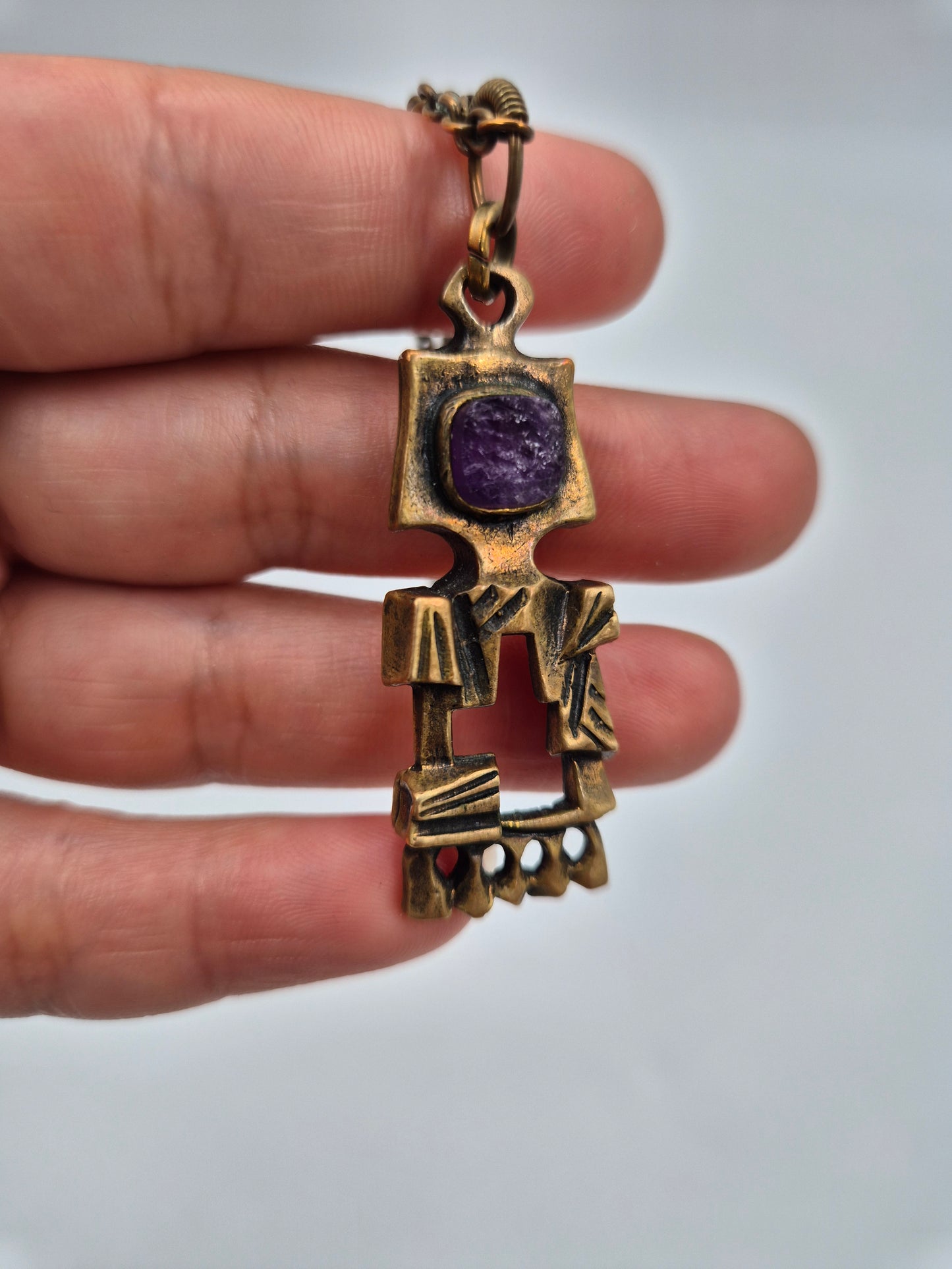 Pentti Sarpaneva Kelo Bronze Necklace with Amethyst | Finnish Brutalist Pendant | Turun Hopea Finland