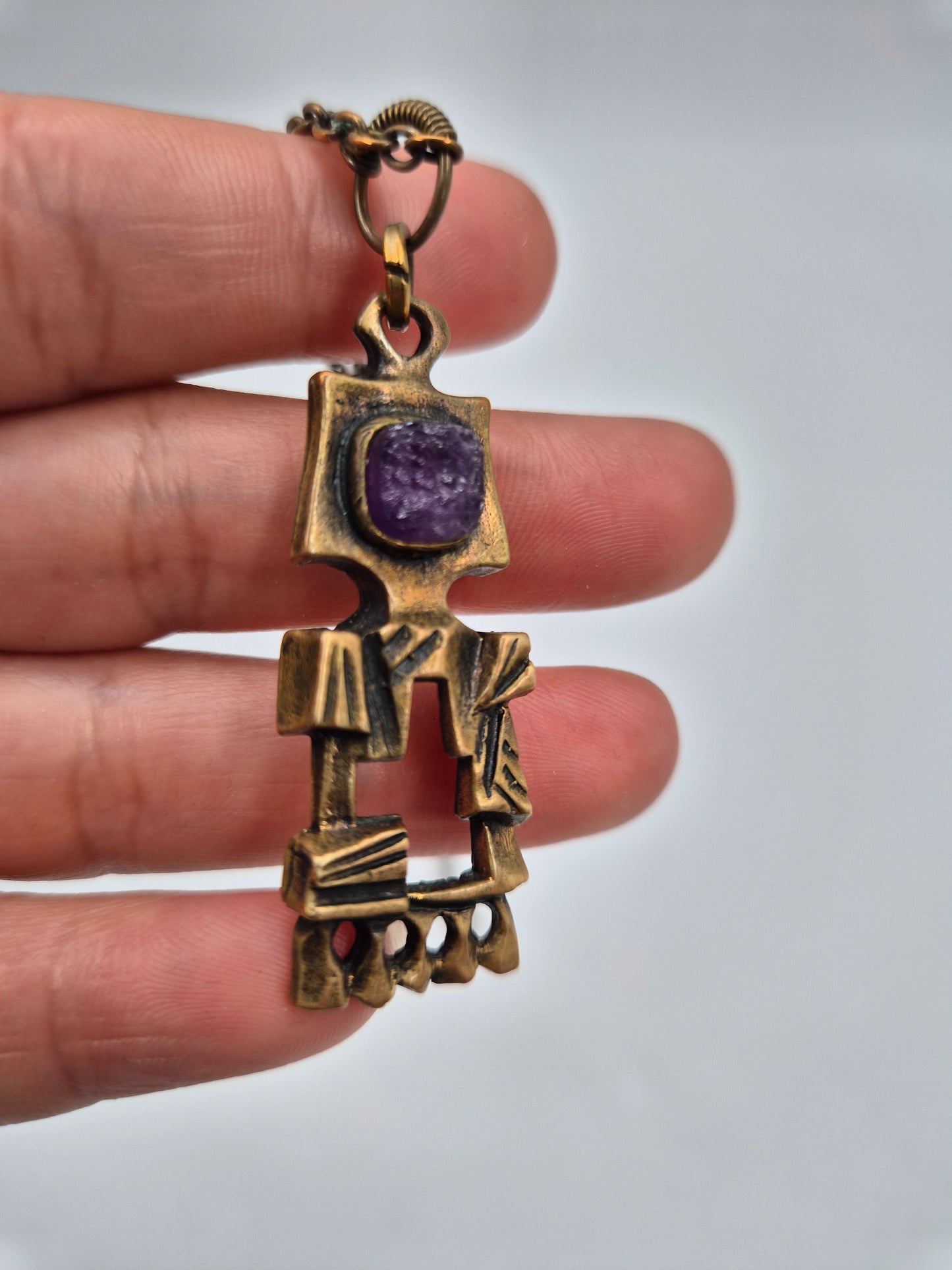Pentti Sarpaneva Kelo Bronze Necklace with Amethyst | Finnish Brutalist Pendant | Turun Hopea Finland