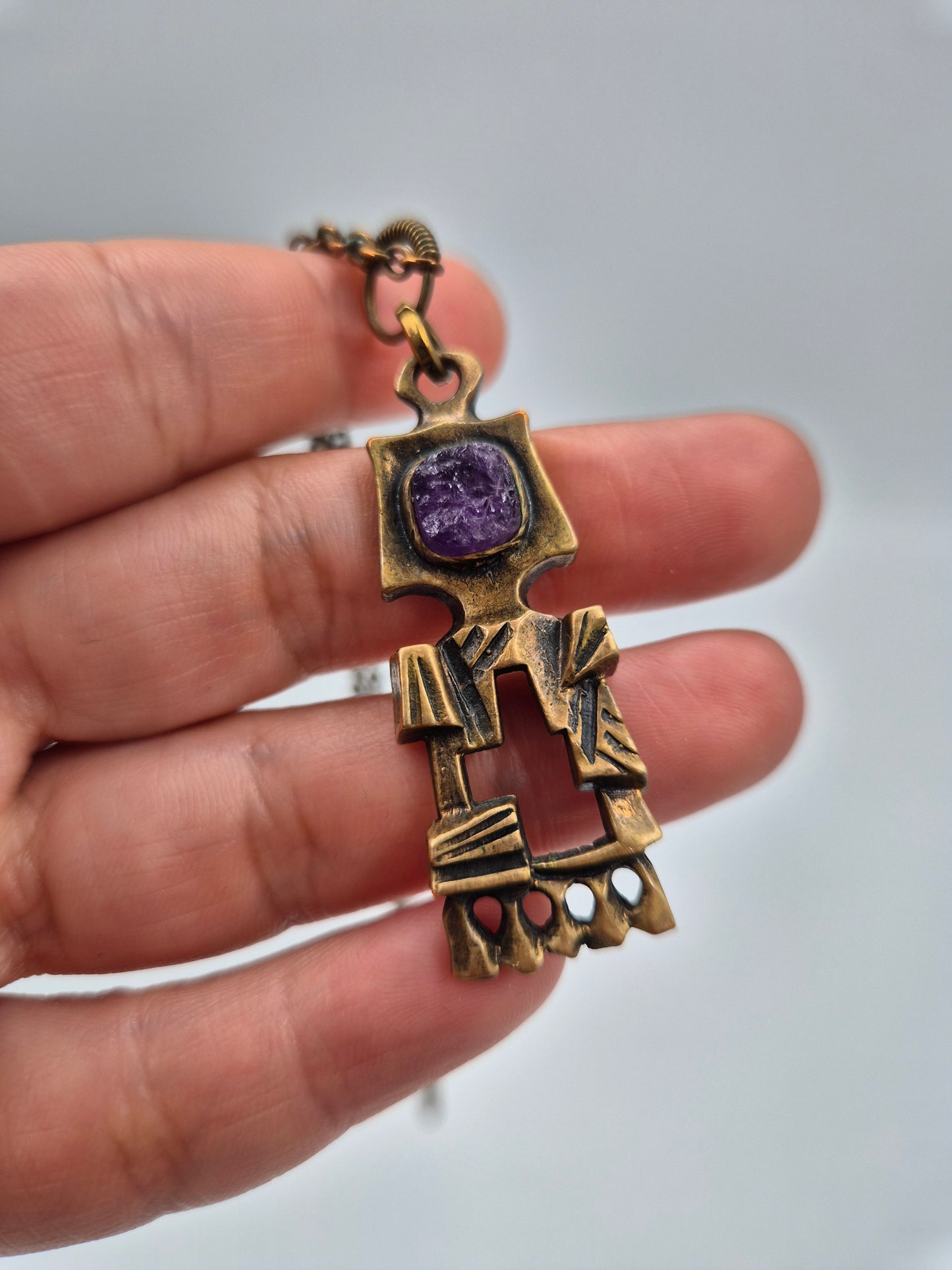 Pentti Sarpaneva Kelo Bronze Necklace with Amethyst | Finnish Brutalist Pendant | Turun Hopea Finland