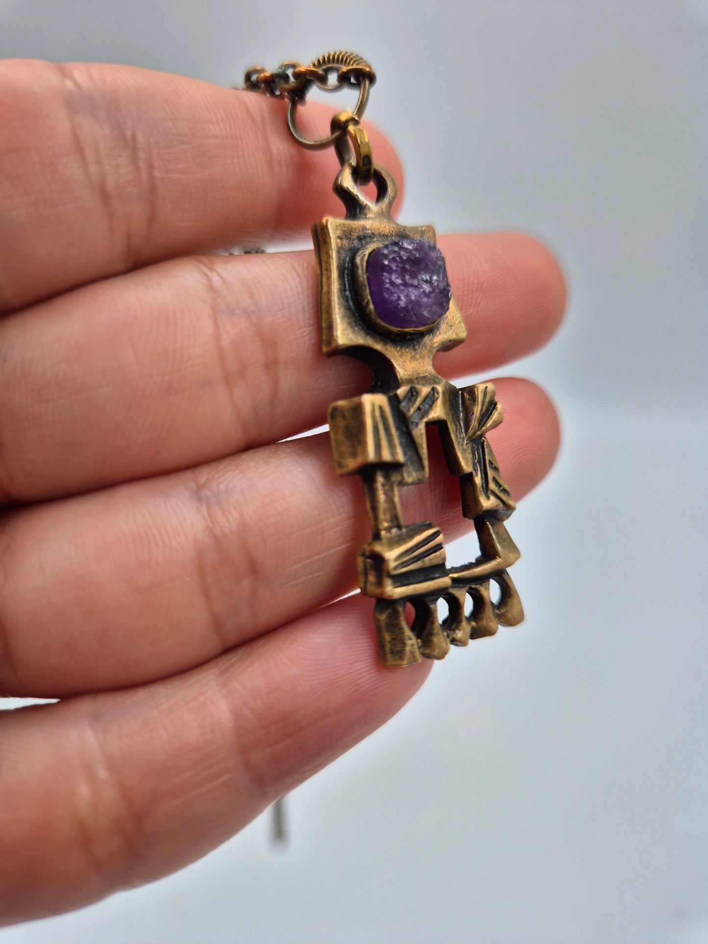 Pentti Sarpaneva Kelo Bronze Necklace with Amethyst | Finnish Brutalist Pendant | Turun Hopea Finland