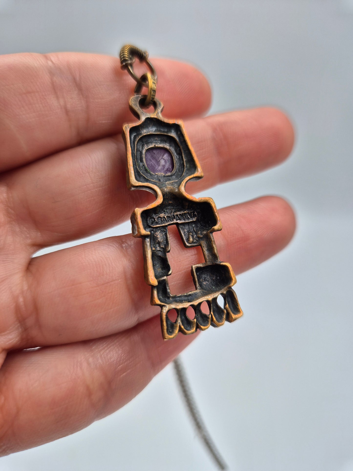 Pentti Sarpaneva Kelo Bronze Necklace with Amethyst | Finnish Brutalist Pendant | Turun Hopea Finland
