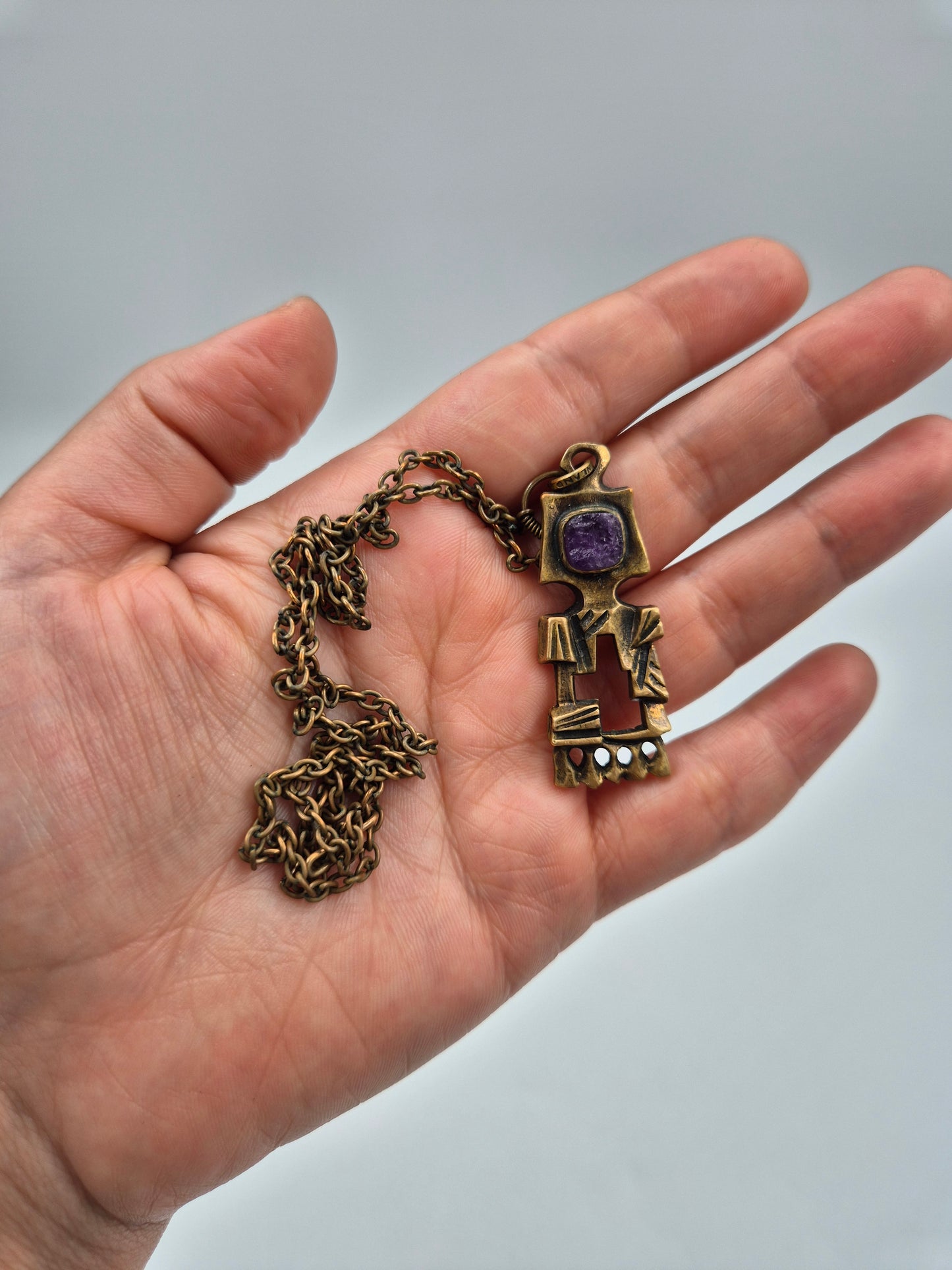 Pentti Sarpaneva Kelo Bronze Necklace with Amethyst | Finnish Brutalist Pendant | Turun Hopea Finland