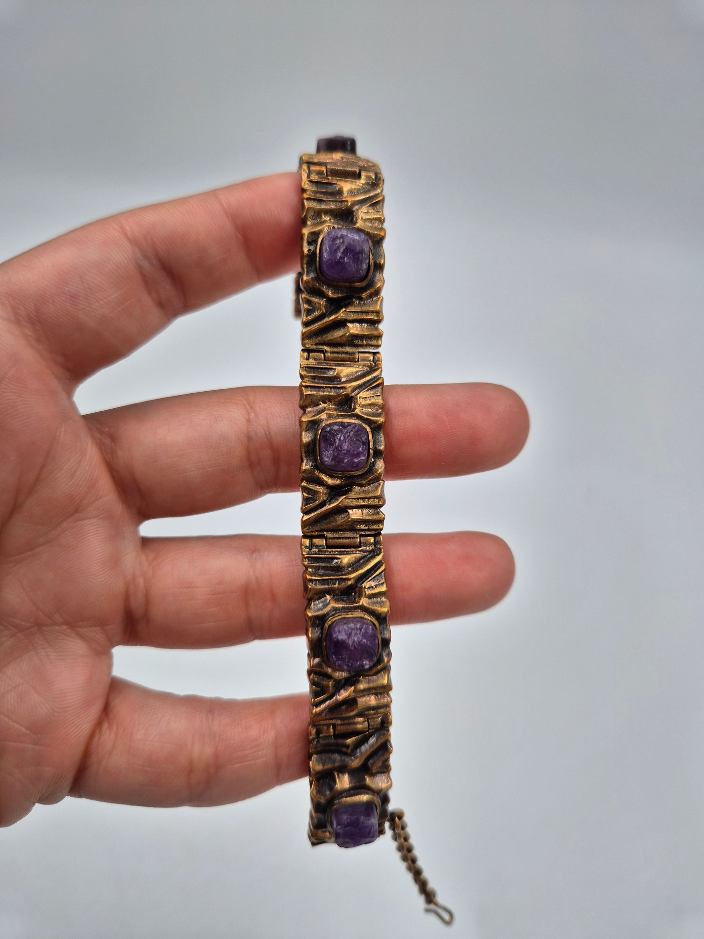 Pentti Sarpaneva Kelo Bronze Bracelet with Amethyst | Finnish Brutalist Jewelry | Turun Hopea Finland