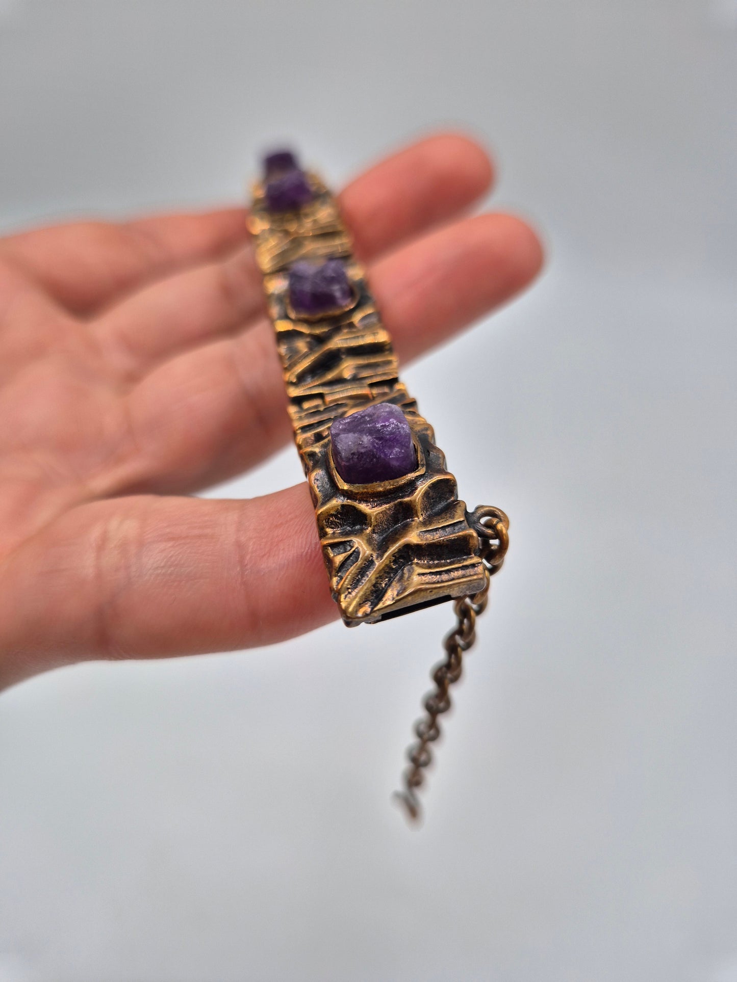 Pentti Sarpaneva Kelo Bronze Bracelet with Amethyst | Finnish Brutalist Jewelry | Turun Hopea Finland