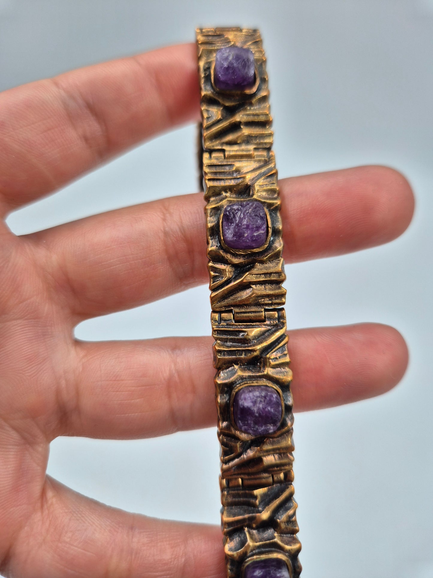 Pentti Sarpaneva Kelo Bronze Bracelet with Amethyst | Finnish Brutalist Jewelry | Turun Hopea Finland