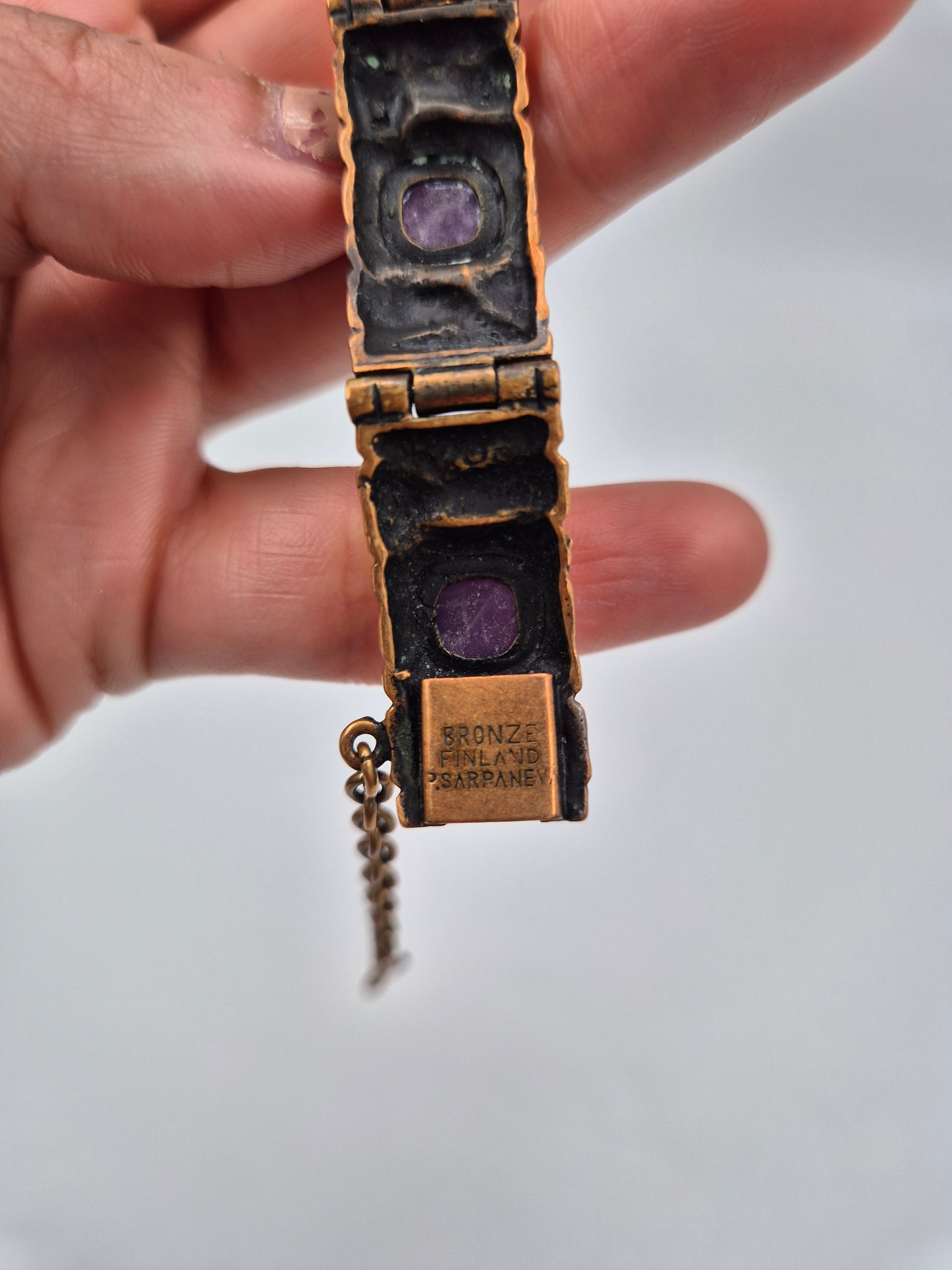 Pentti Sarpaneva Kelo Bronze Bracelet with Amethyst | Finnish Brutalist Jewelry | Turun Hopea Finland