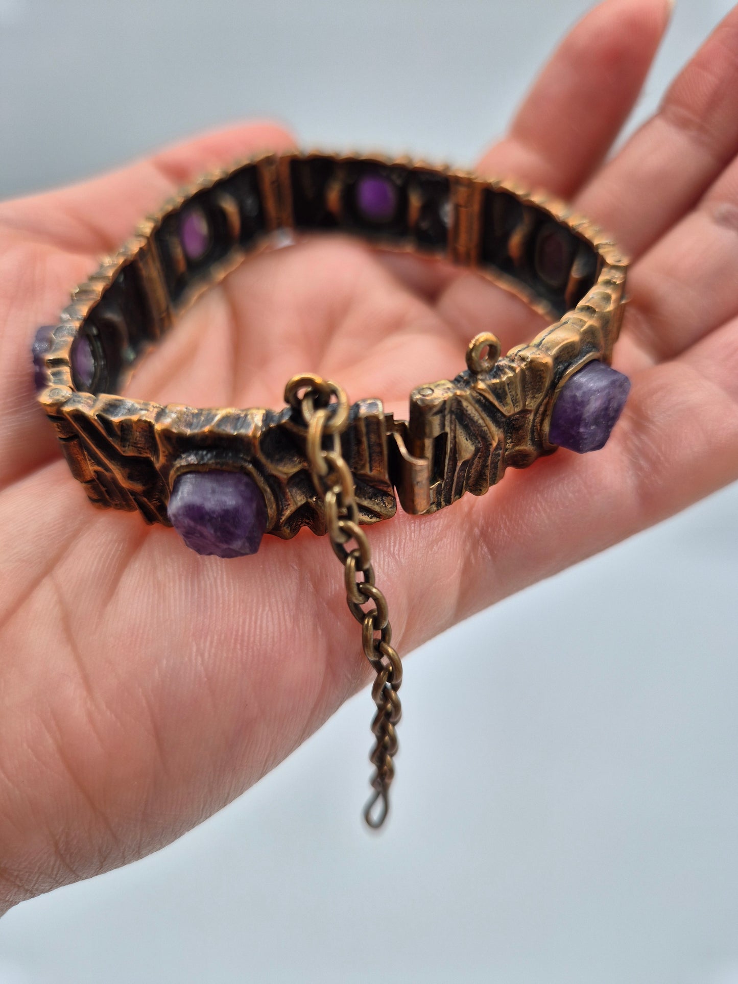 Pentti Sarpaneva Kelo Bronze Bracelet with Amethyst | Finnish Brutalist Jewelry | Turun Hopea Finland