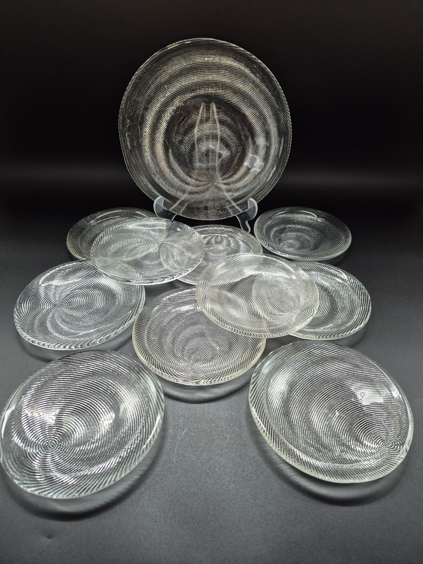 Set of 11 Vintage Muurla Glass Plates, Handmade Finnish Glassware, Ribbed Concentric Design