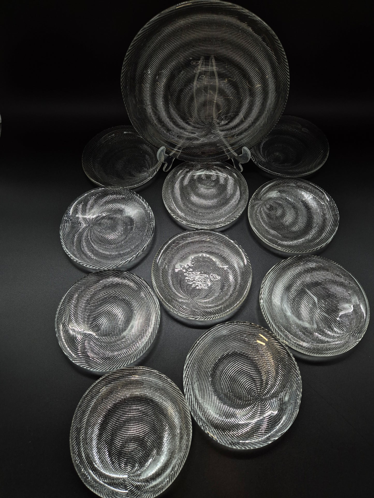Set of 11 Vintage Muurla Glass Plates, Handmade Finnish Glassware, Ribbed Concentric Design