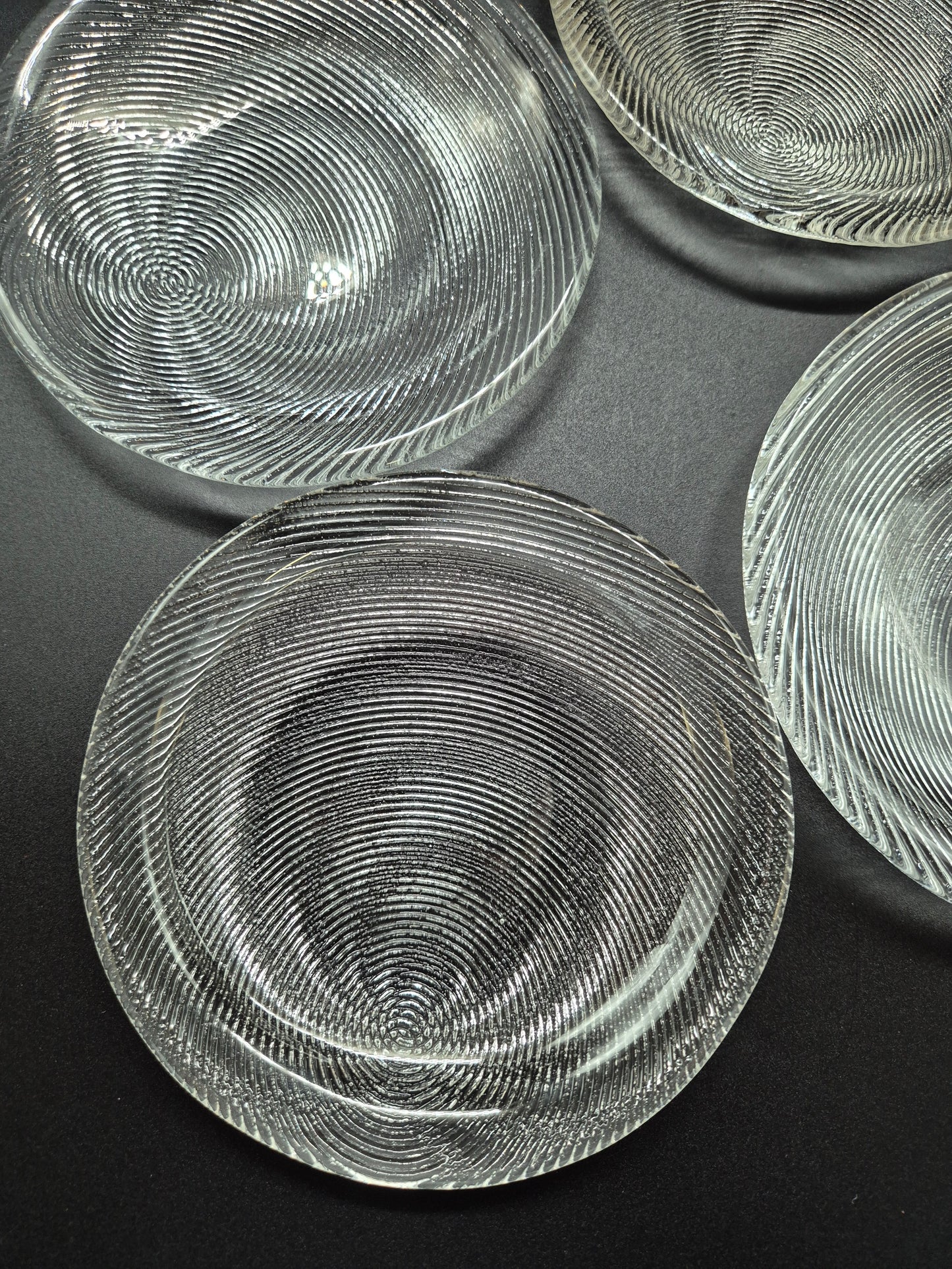 Set of 11 Vintage Muurla Glass Plates, Handmade Finnish Glassware, Ribbed Concentric Design