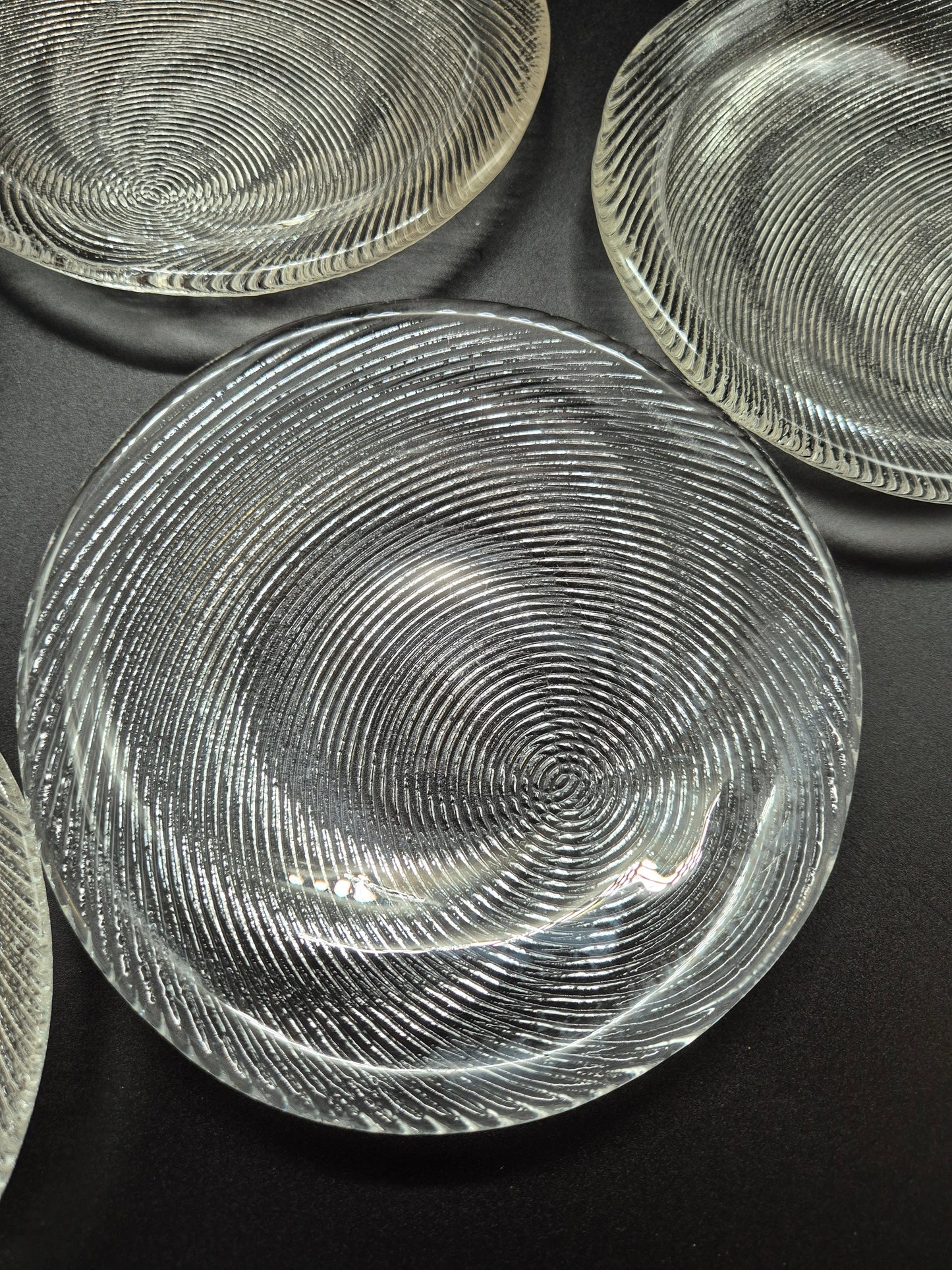 Set of 11 Vintage Muurla Glass Plates, Handmade Finnish Glassware, Ribbed Concentric Design