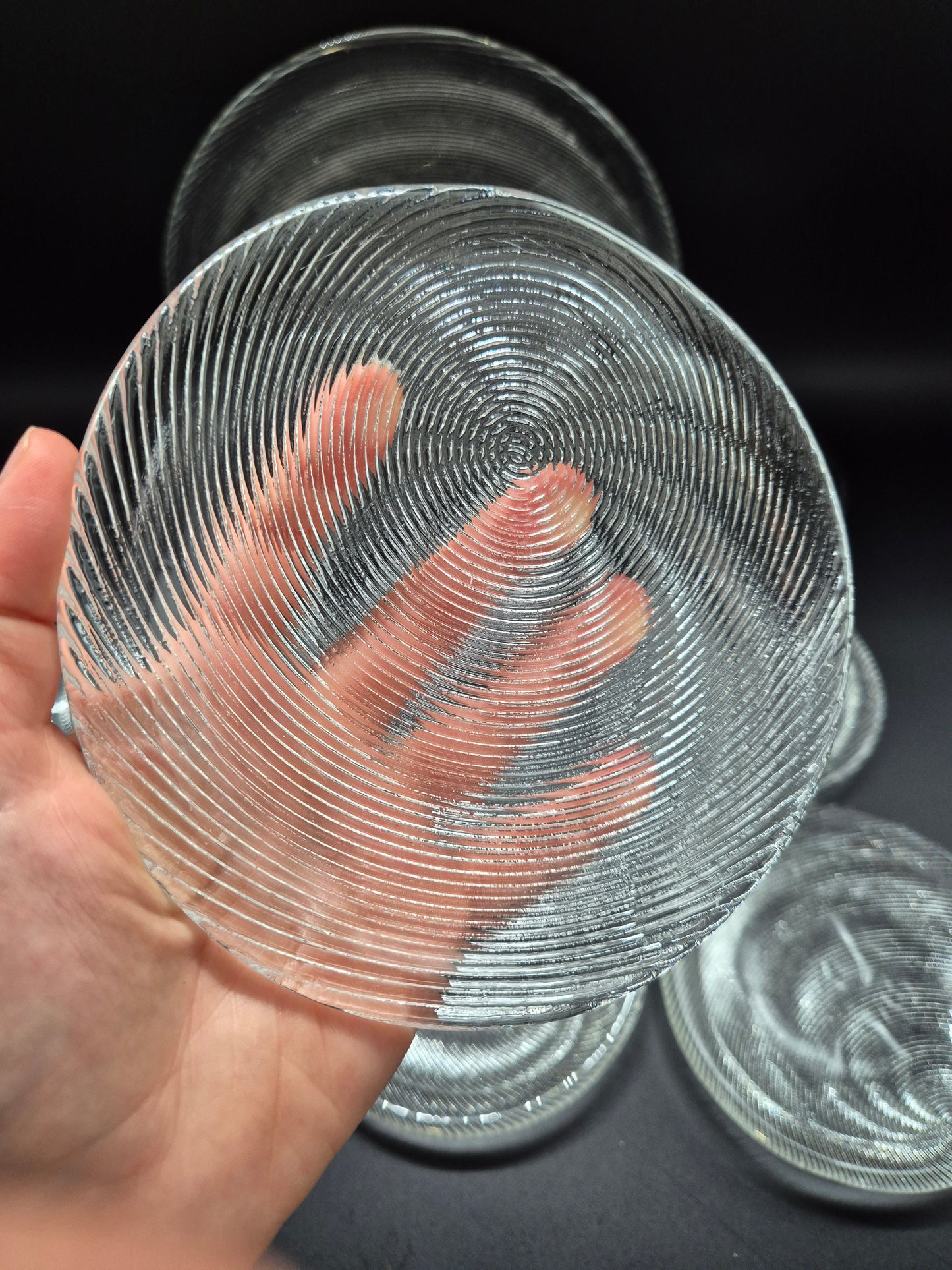 Set of 11 Vintage Muurla Glass Plates, Handmade Finnish Glassware, Ribbed Concentric Design