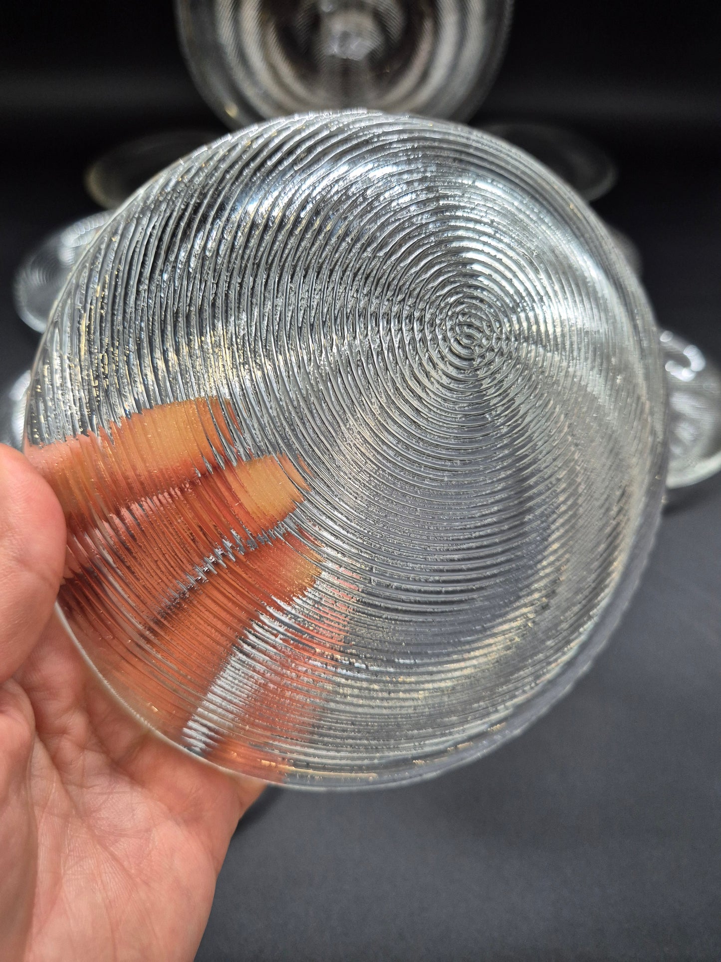 Set of 11 Vintage Muurla Glass Plates, Handmade Finnish Glassware, Ribbed Concentric Design