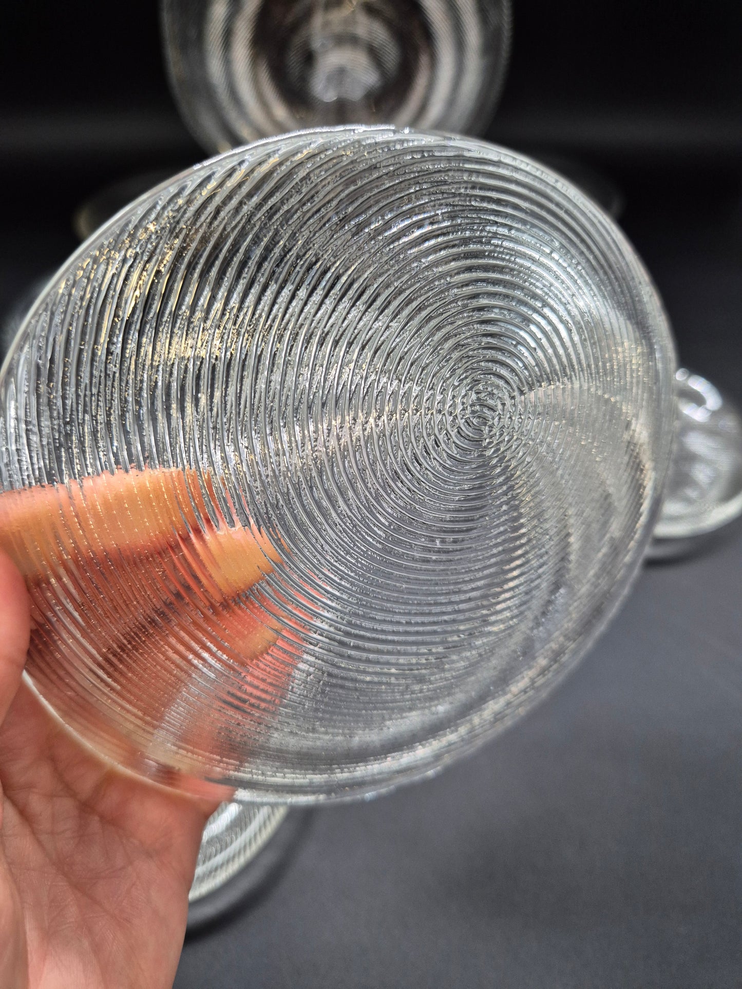 Set of 11 Vintage Muurla Glass Plates, Handmade Finnish Glassware, Ribbed Concentric Design