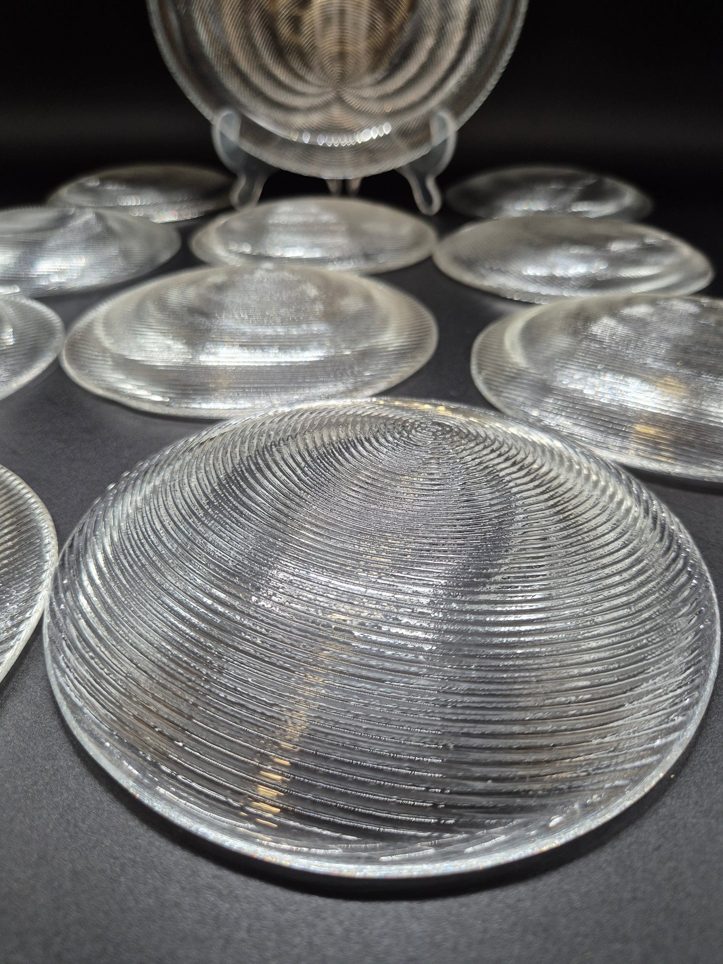 Set of 11 Vintage Muurla Glass Plates, Handmade Finnish Glassware, Ribbed Concentric Design