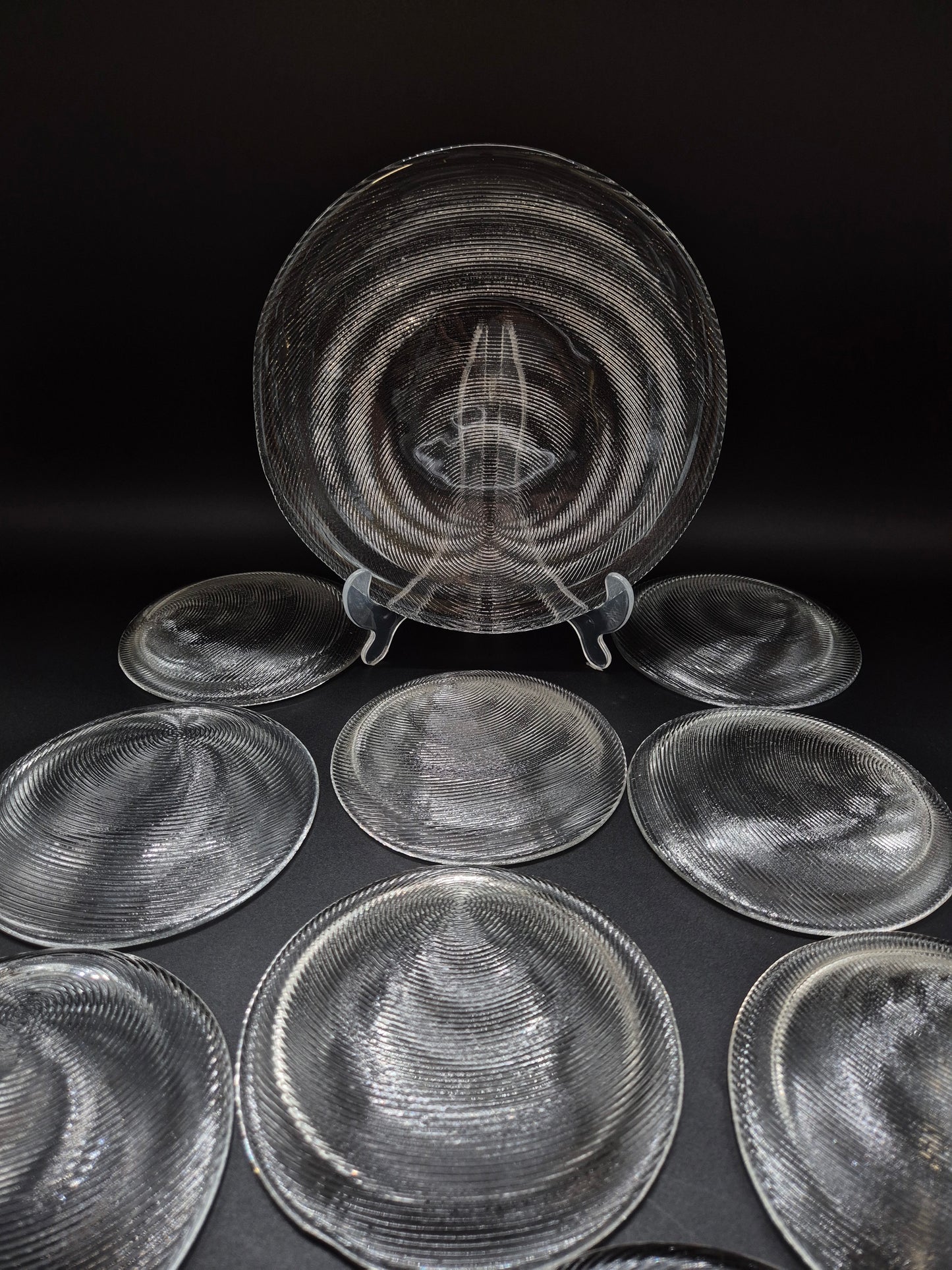 Set of 11 Vintage Muurla Glass Plates, Handmade Finnish Glassware, Ribbed Concentric Design
