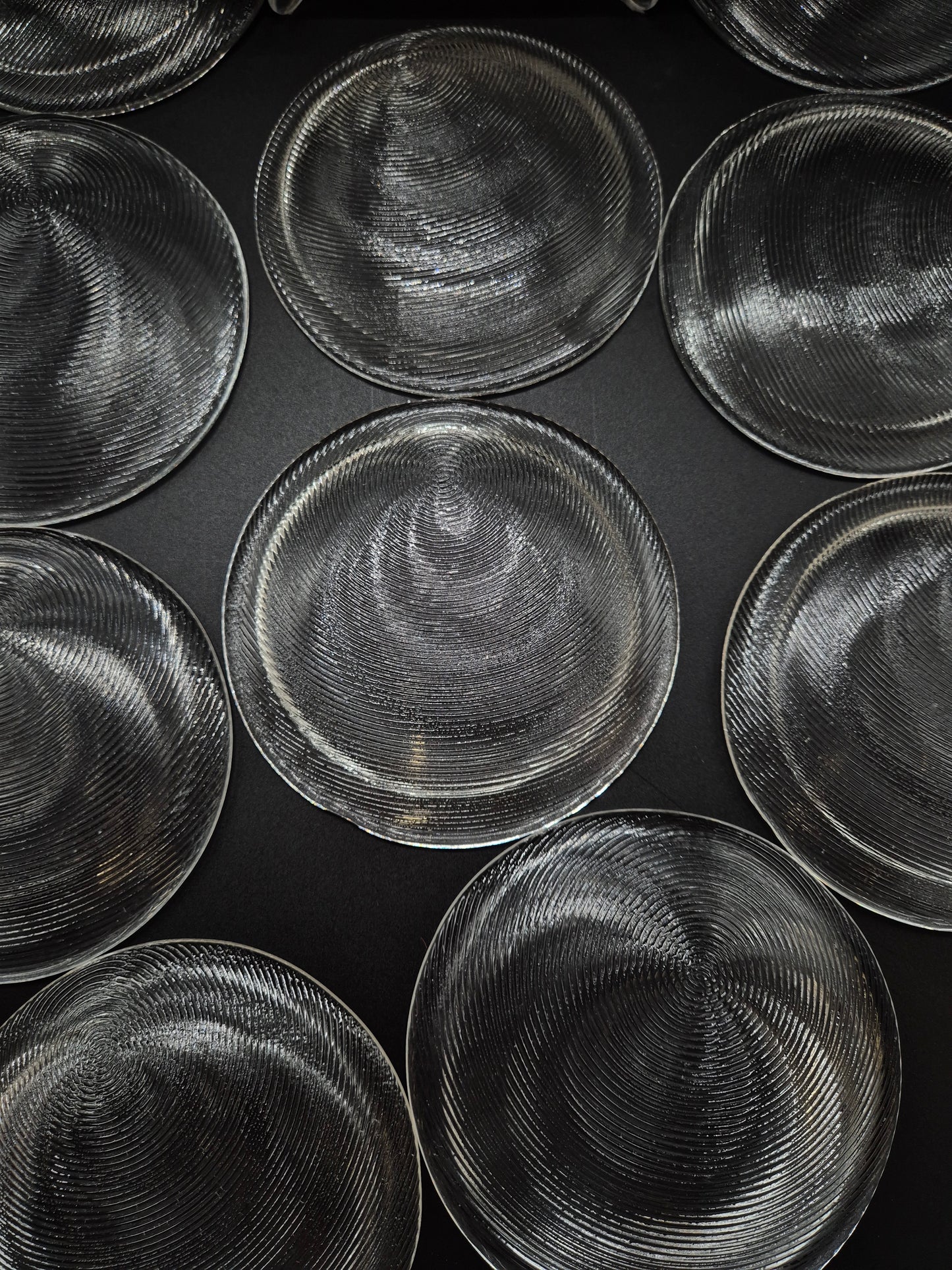 Set of 11 Vintage Muurla Glass Plates, Handmade Finnish Glassware, Ribbed Concentric Design