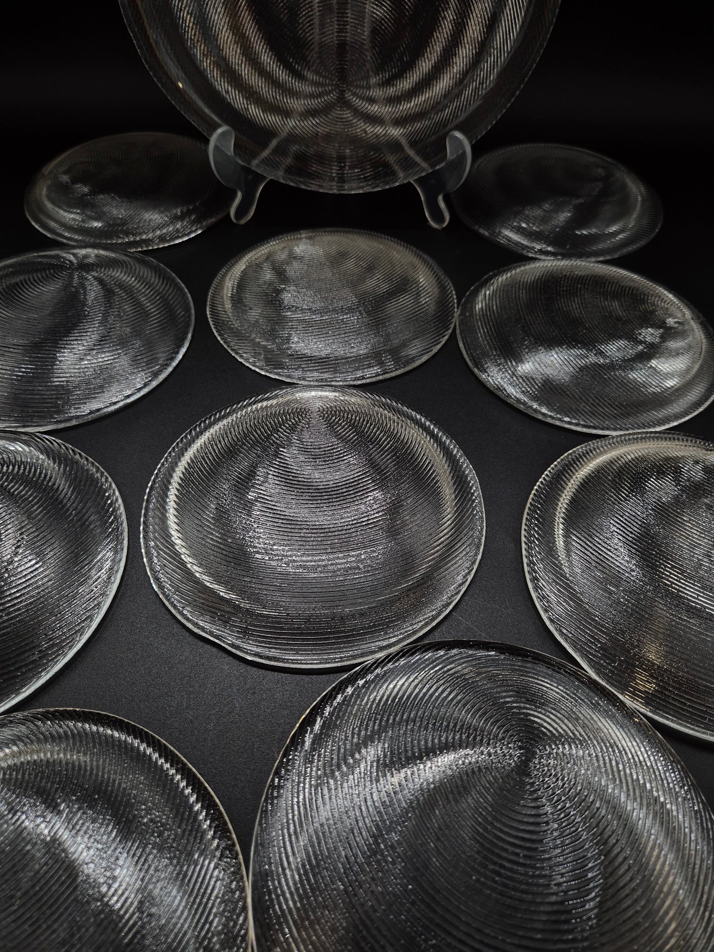Set of 11 Vintage Muurla Glass Plates, Handmade Finnish Glassware, Ribbed Concentric Design