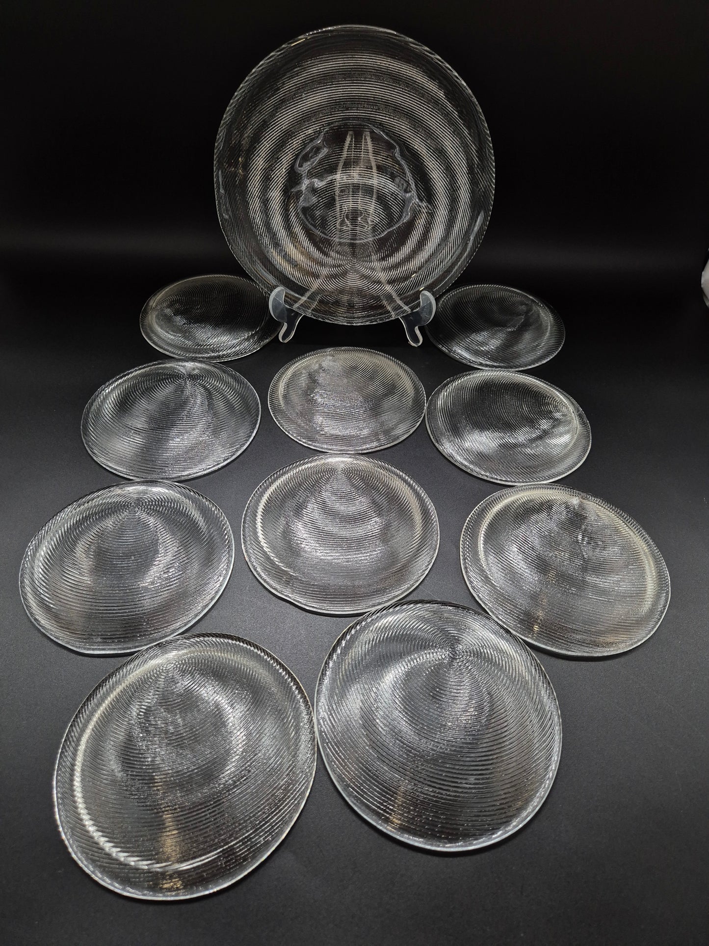 Set of 11 Vintage Muurla Glass Plates, Handmade Finnish Glassware, Ribbed Concentric Design