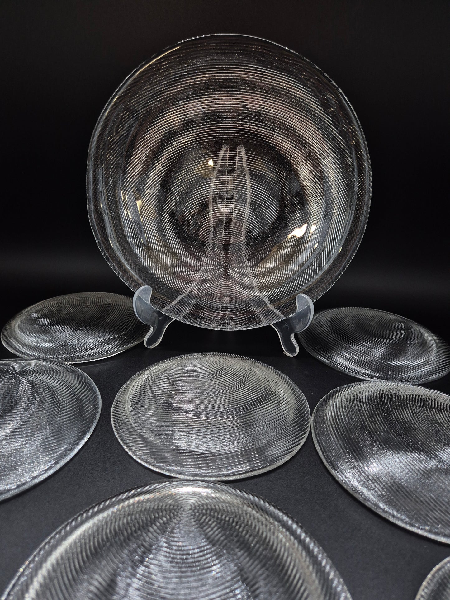 Set of 11 Vintage Muurla Glass Plates, Handmade Finnish Glassware, Ribbed Concentric Design