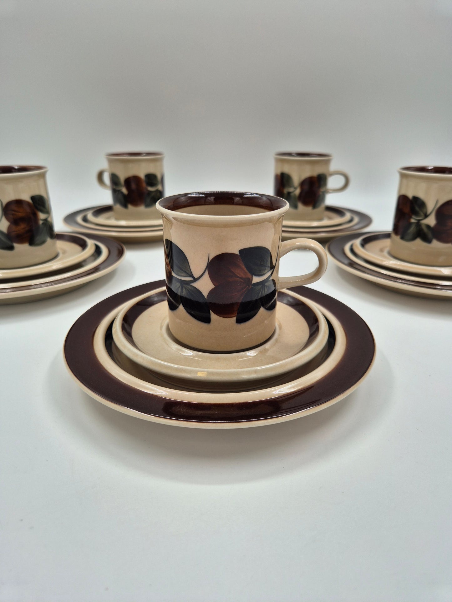 Set of 5 Arabia Ruija Coffee Trios | Vintage Finnish Coffee Cups Saucers & Plates | Raija Uosikkinen | Scandinavian Stoneware