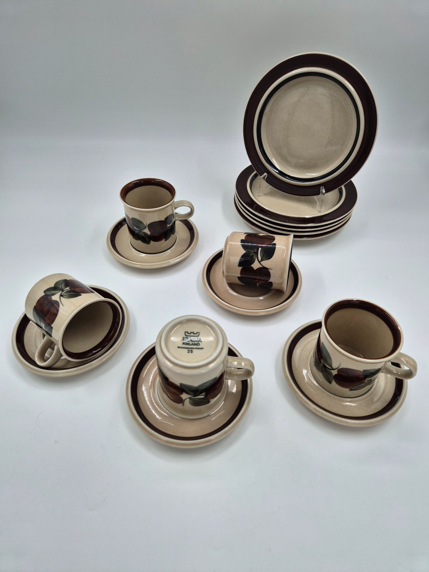 Set of 5 Arabia Ruija Coffee Trios | Vintage Finnish Coffee Cups Saucers & Plates | Raija Uosikkinen | Scandinavian Stoneware