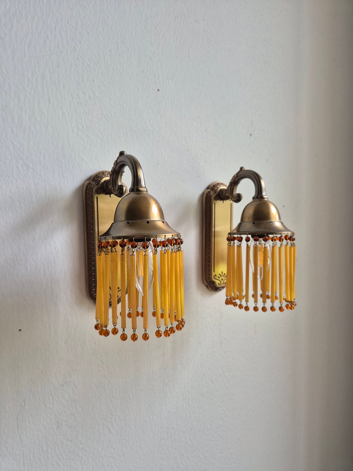 Pair of Vintage Sario Wall Sconces with Amber Acrylic Fringe | Finnish Mid-Century Wall Lamps | Hollywood Regency Lighting | Model 175