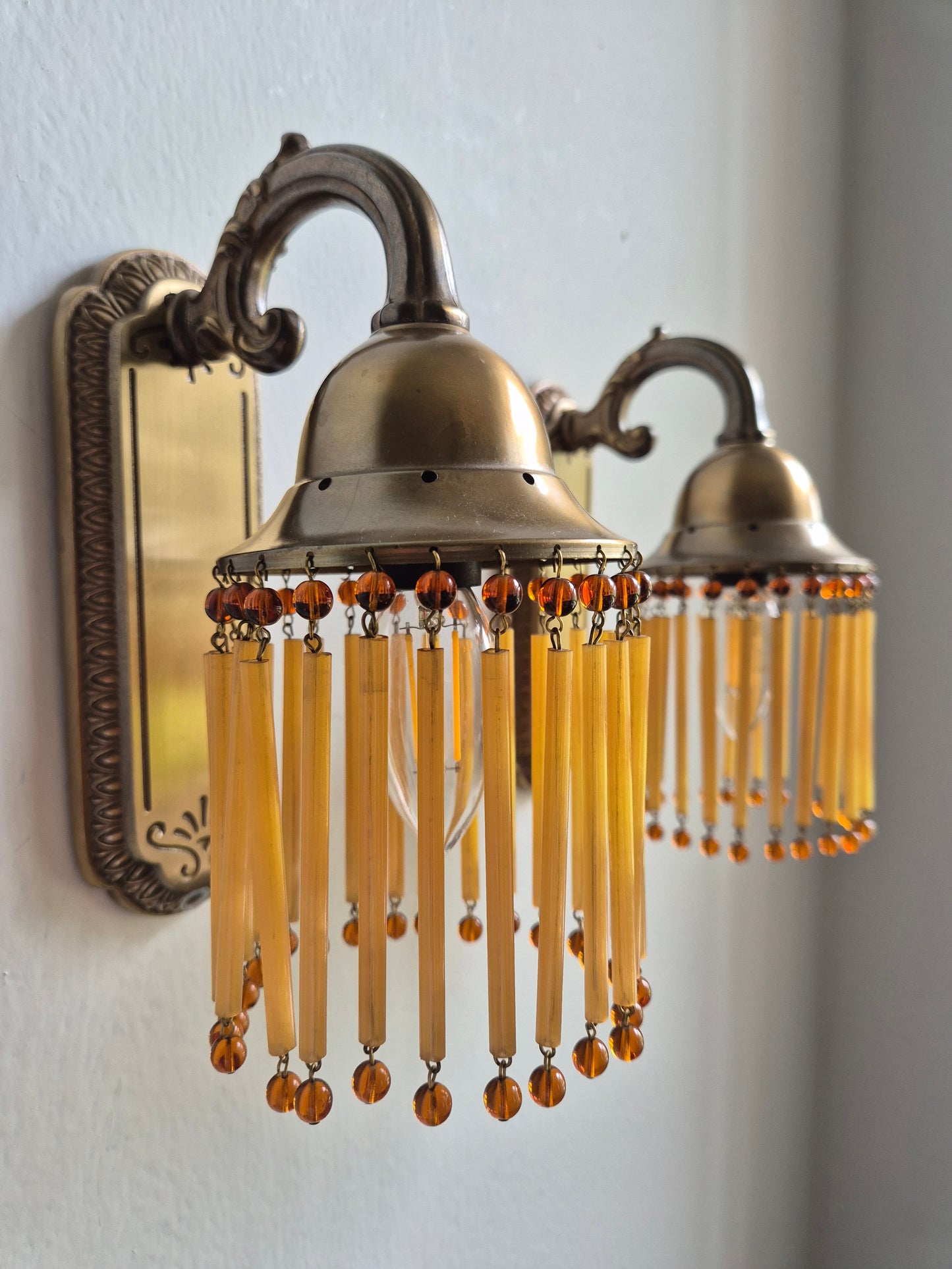 Pair of Vintage Sario Wall Sconces with Amber Acrylic Fringe | Finnish Mid-Century Wall Lamps | Hollywood Regency Lighting | Model 175