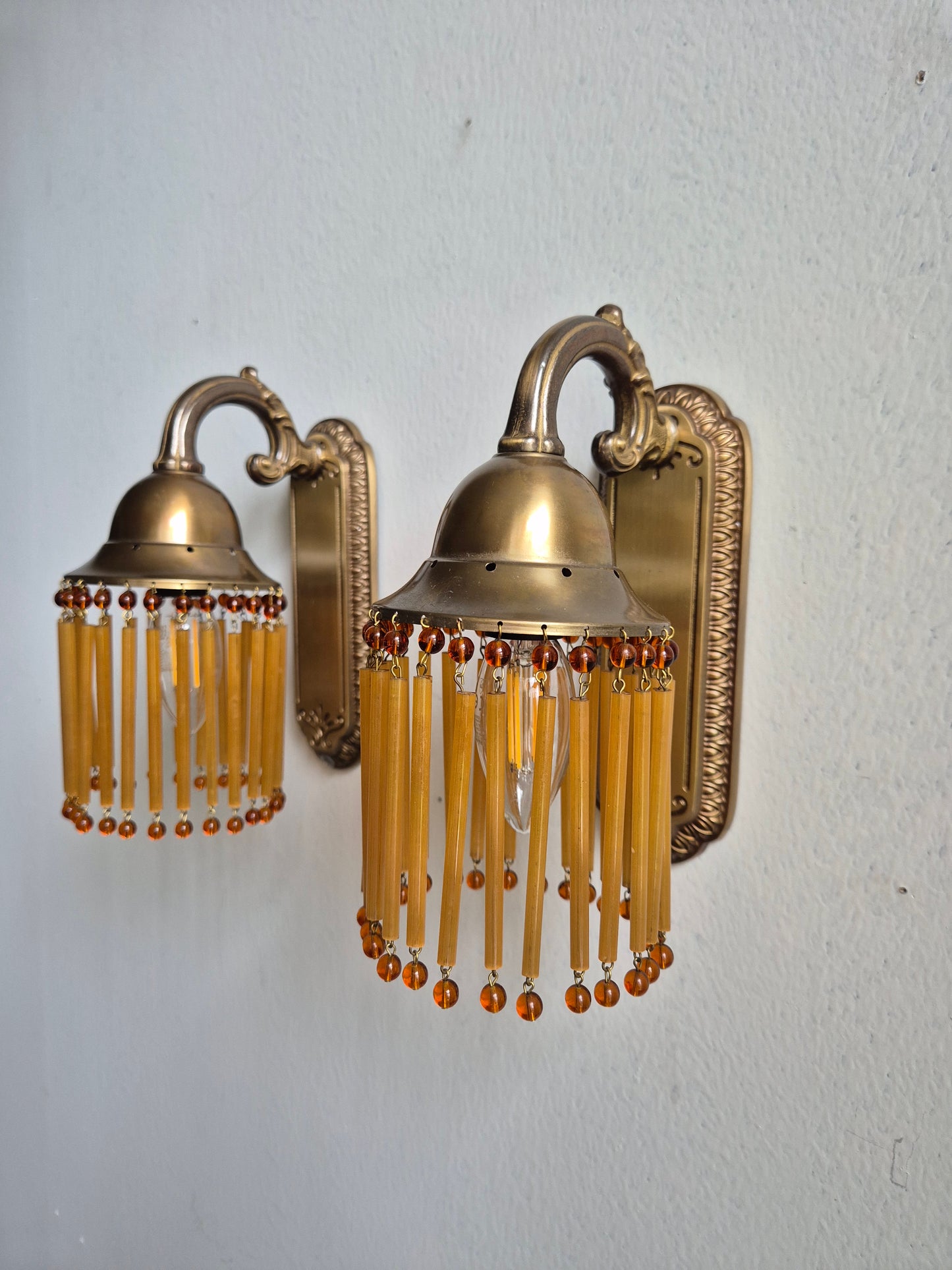 Pair of Vintage Sario Wall Sconces with Amber Acrylic Fringe | Finnish Mid-Century Wall Lamps | Hollywood Regency Lighting | Model 175