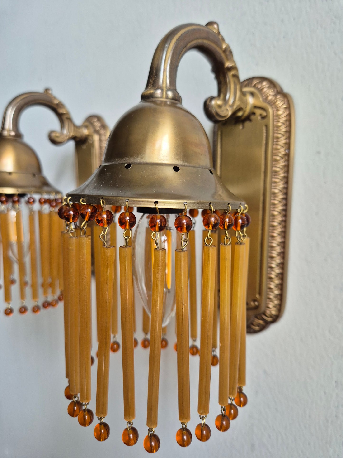 Pair of Vintage Sario Wall Sconces with Amber Acrylic Fringe | Finnish Mid-Century Wall Lamps | Hollywood Regency Lighting | Model 175