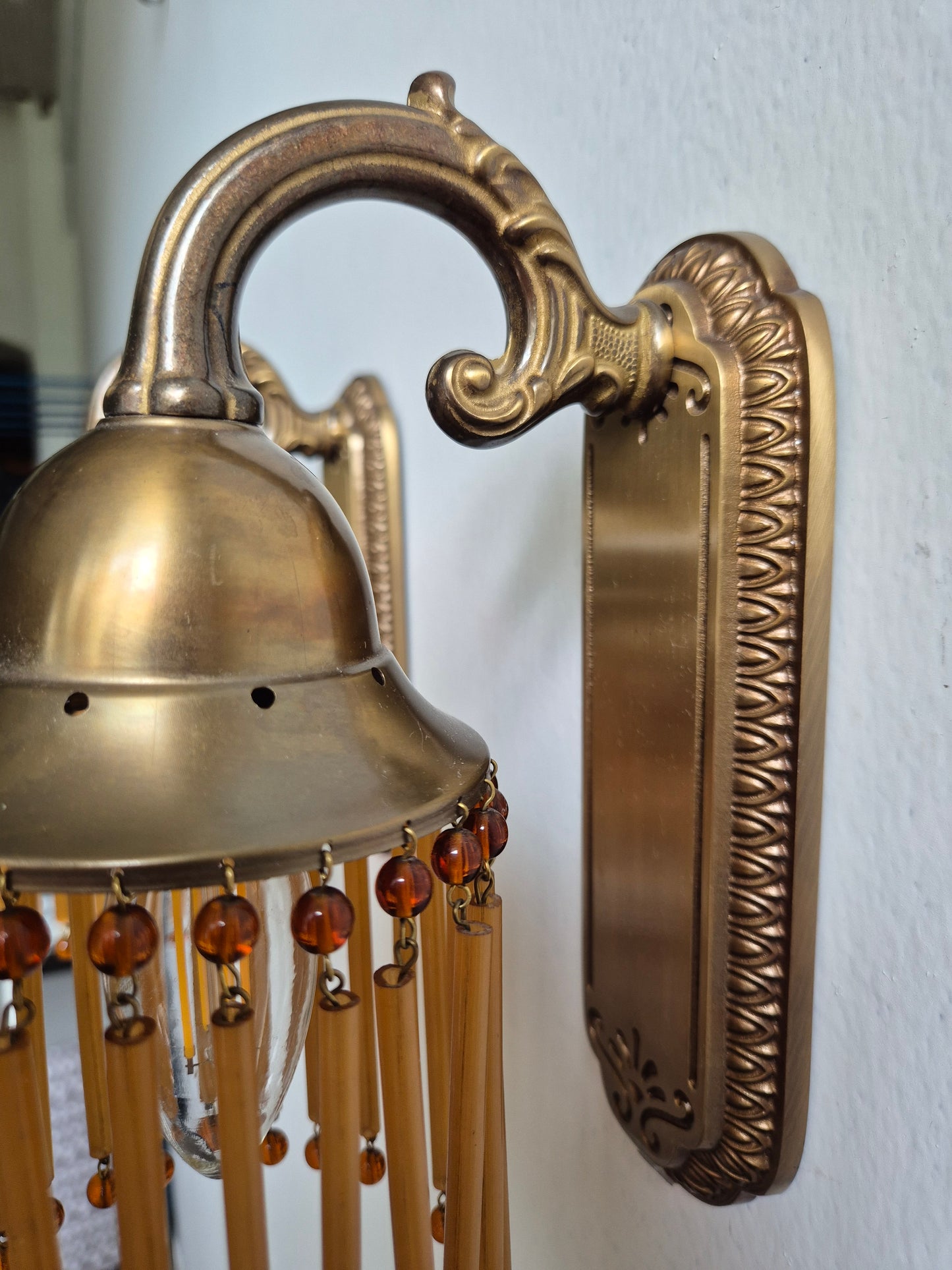 Pair of Vintage Sario Wall Sconces with Amber Acrylic Fringe | Finnish Mid-Century Wall Lamps | Hollywood Regency Lighting | Model 175