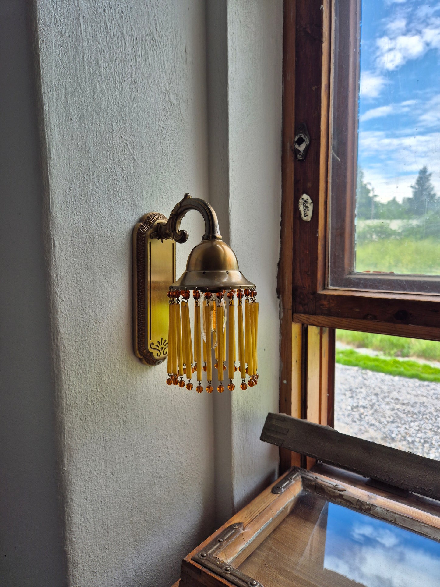 Pair of Vintage Sario Wall Sconces with Amber Acrylic Fringe | Finnish Mid-Century Wall Lamps | Hollywood Regency Lighting | Model 175
