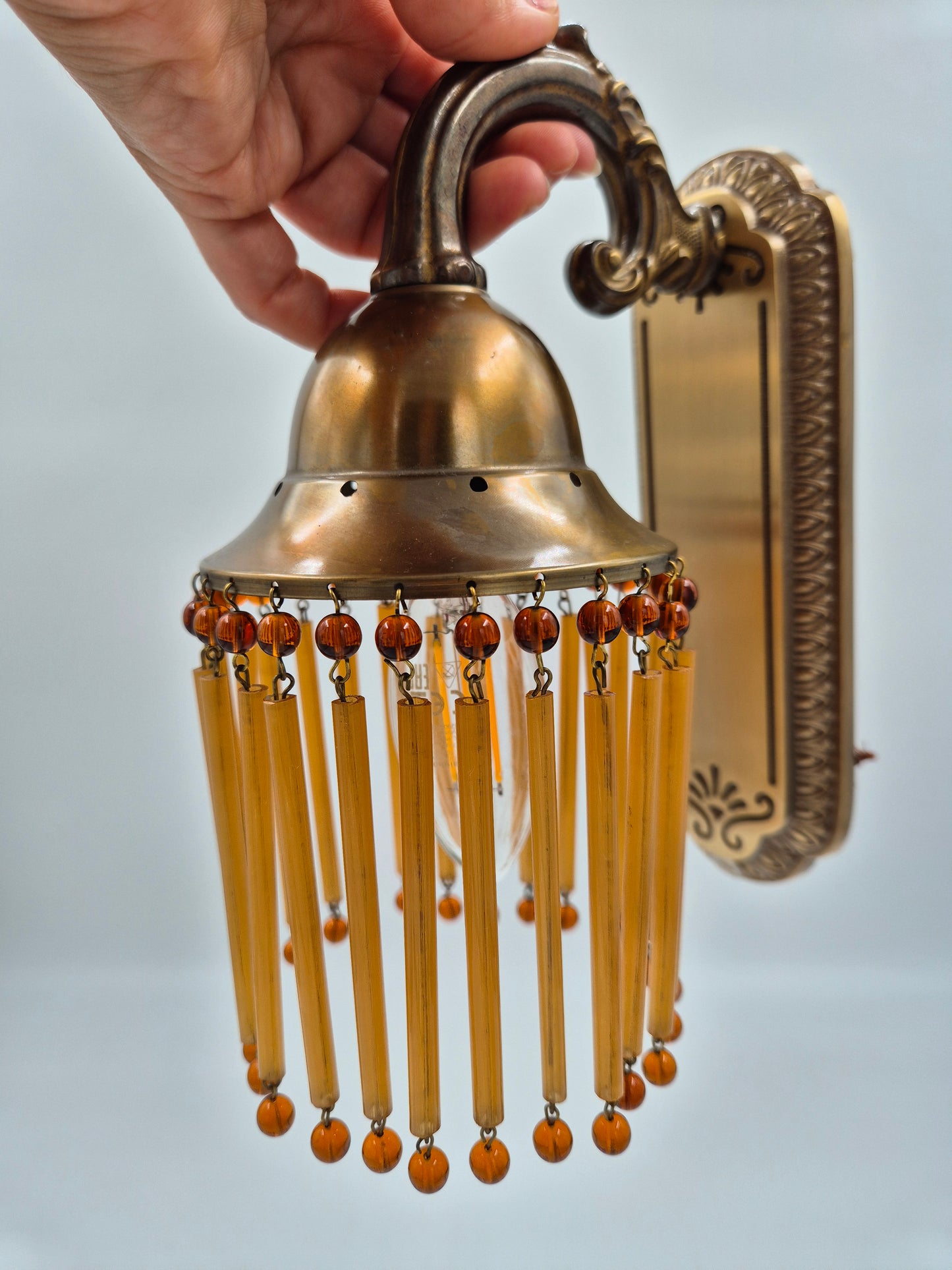 Pair of Vintage Sario Wall Sconces with Amber Acrylic Fringe | Finnish Mid-Century Wall Lamps | Hollywood Regency Lighting | Model 175