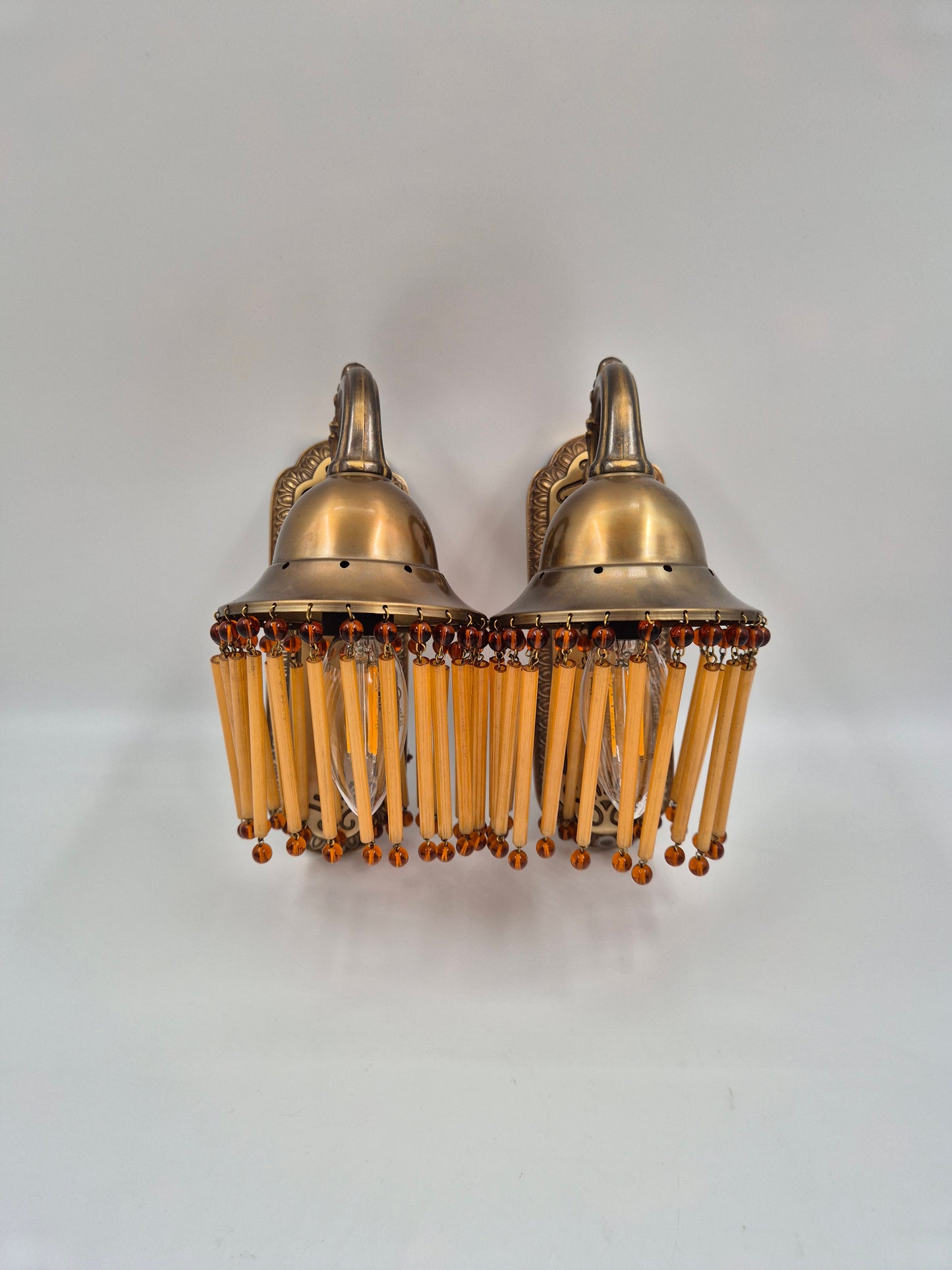 Pair of Vintage Sario Wall Sconces with Amber Acrylic Fringe | Finnish Mid-Century Wall Lamps | Hollywood Regency Lighting | Model 175