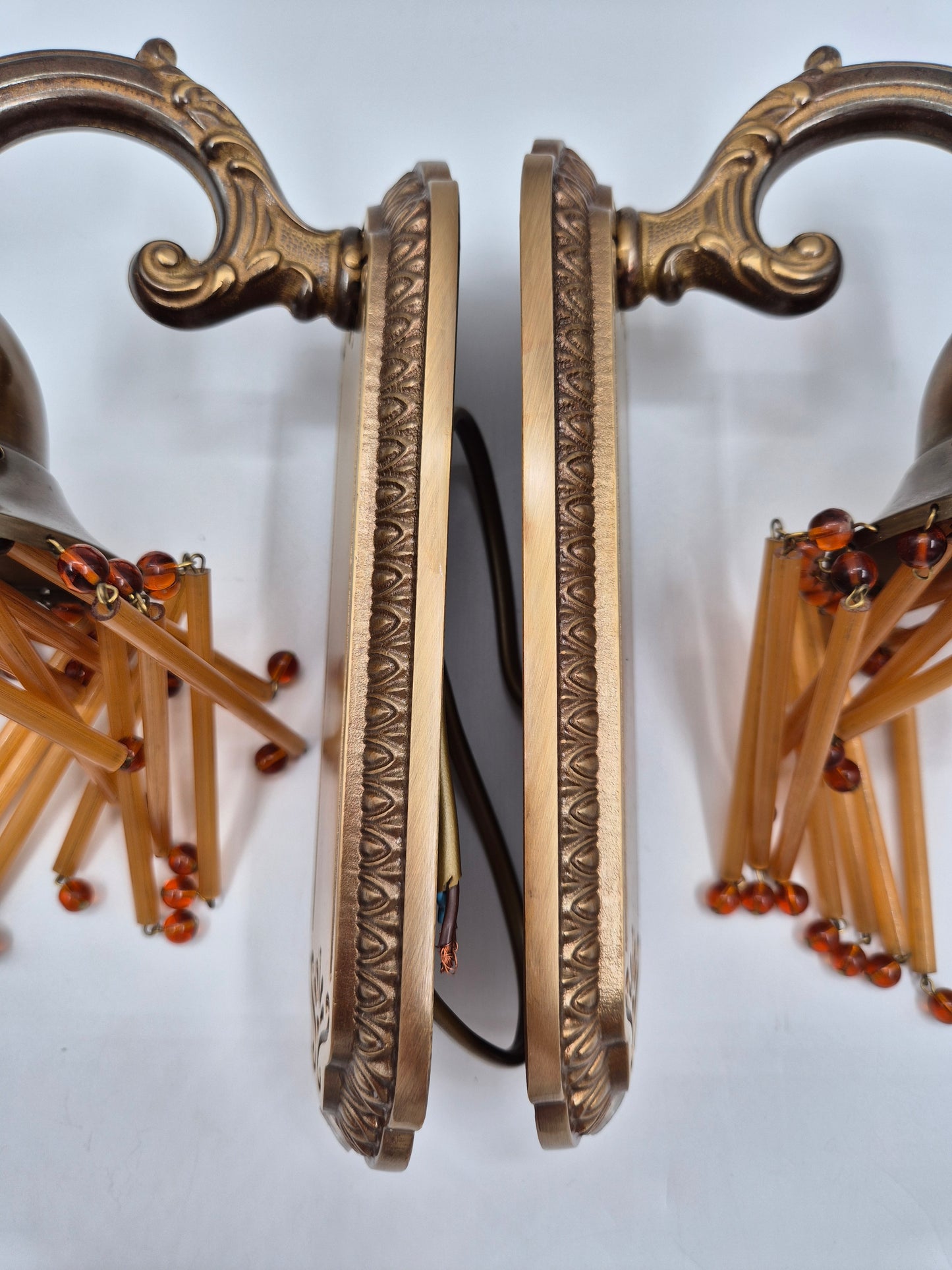 Pair of Vintage Sario Wall Sconces with Amber Acrylic Fringe | Finnish Mid-Century Wall Lamps | Hollywood Regency Lighting | Model 175