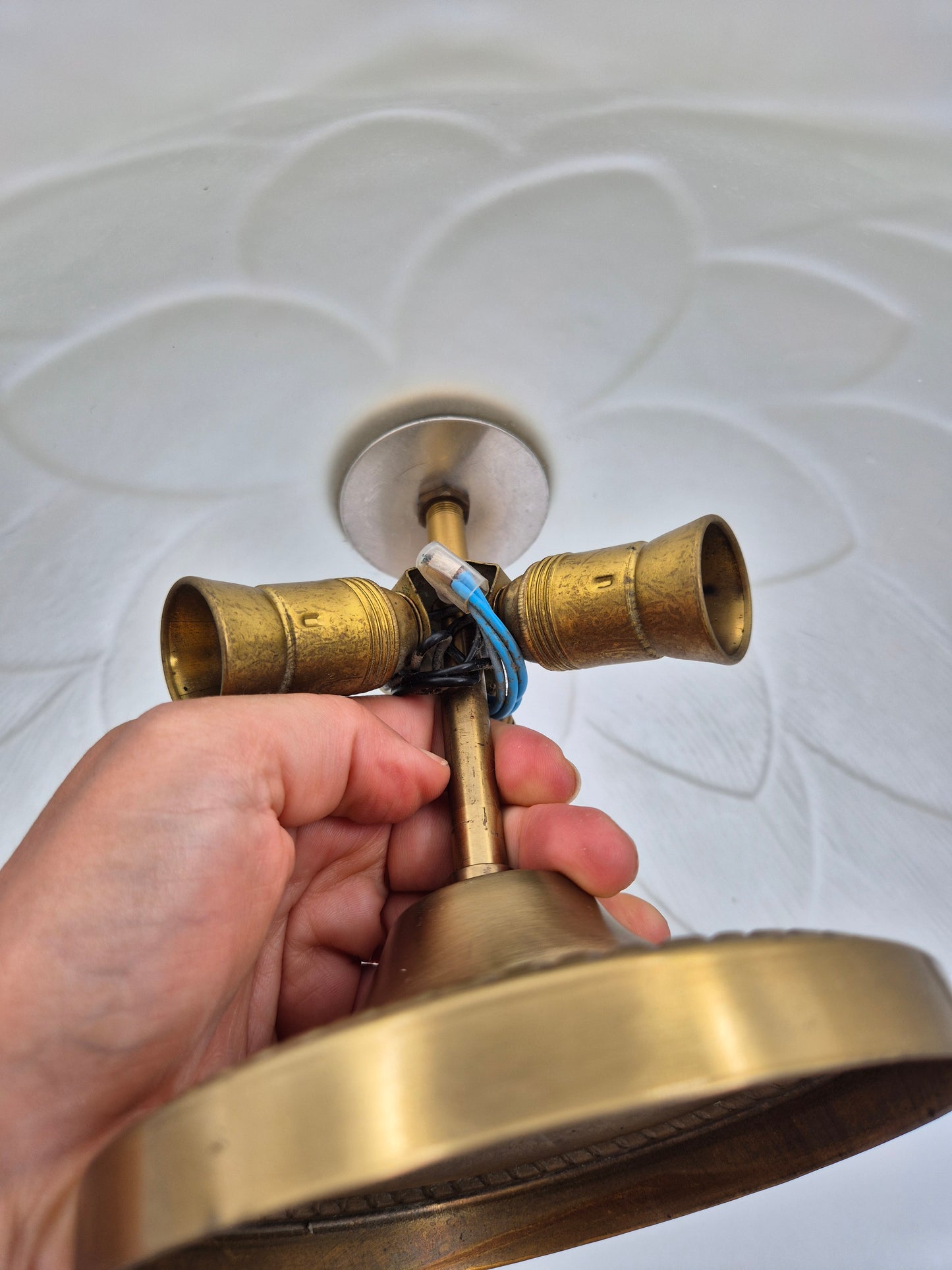 Vintage Sario 33 Plafond Ceiling Light | Frosted Glass Flush Mount Lamp | 3-Light Brass Fixture | Finnish Scandinavian Lighting