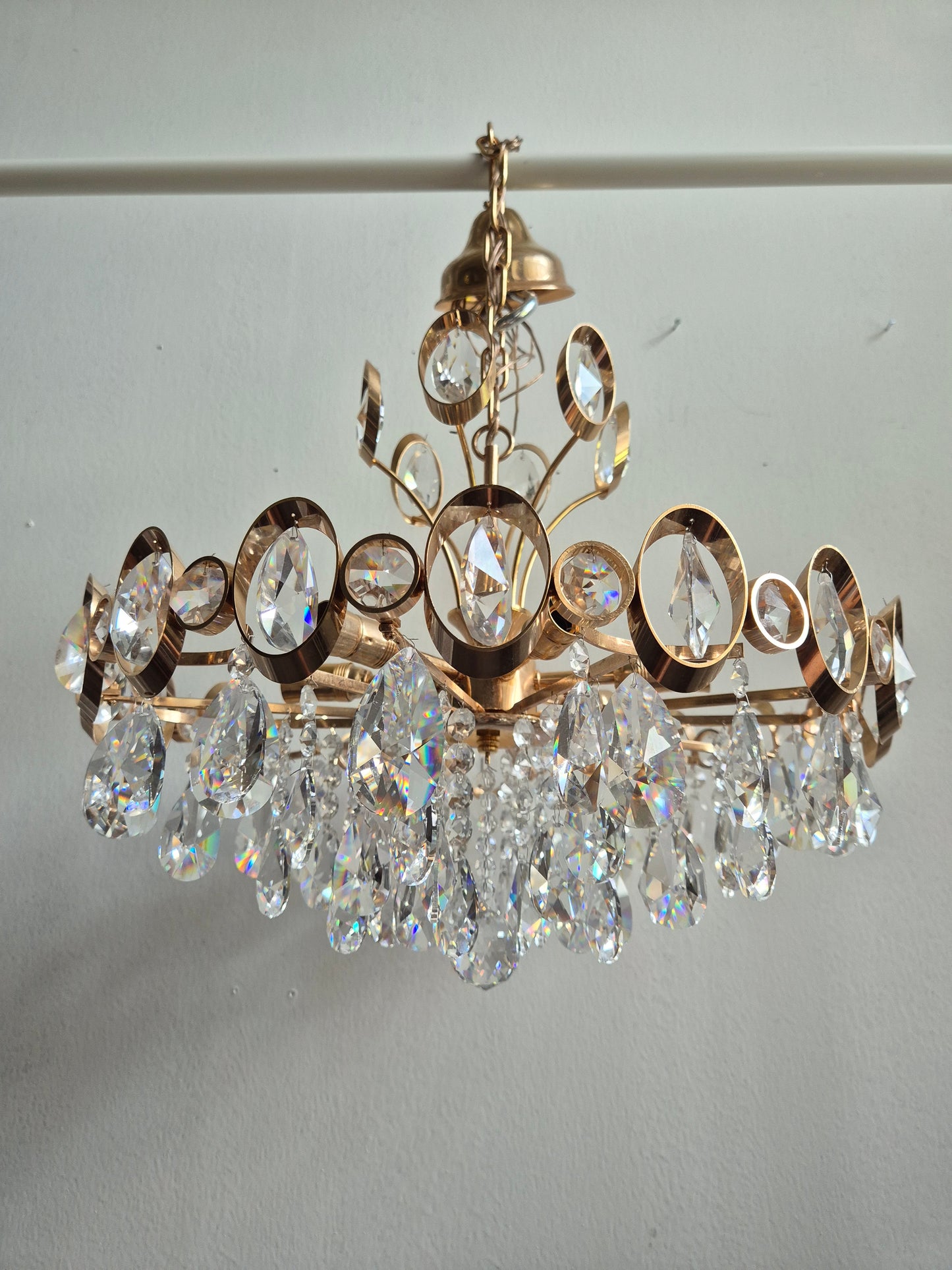 Vintage Crystal Chandelier by Turun Kristalli | Gold-Tone Crystal Ceiling Light | Ø 45 cm | Height 70 cm