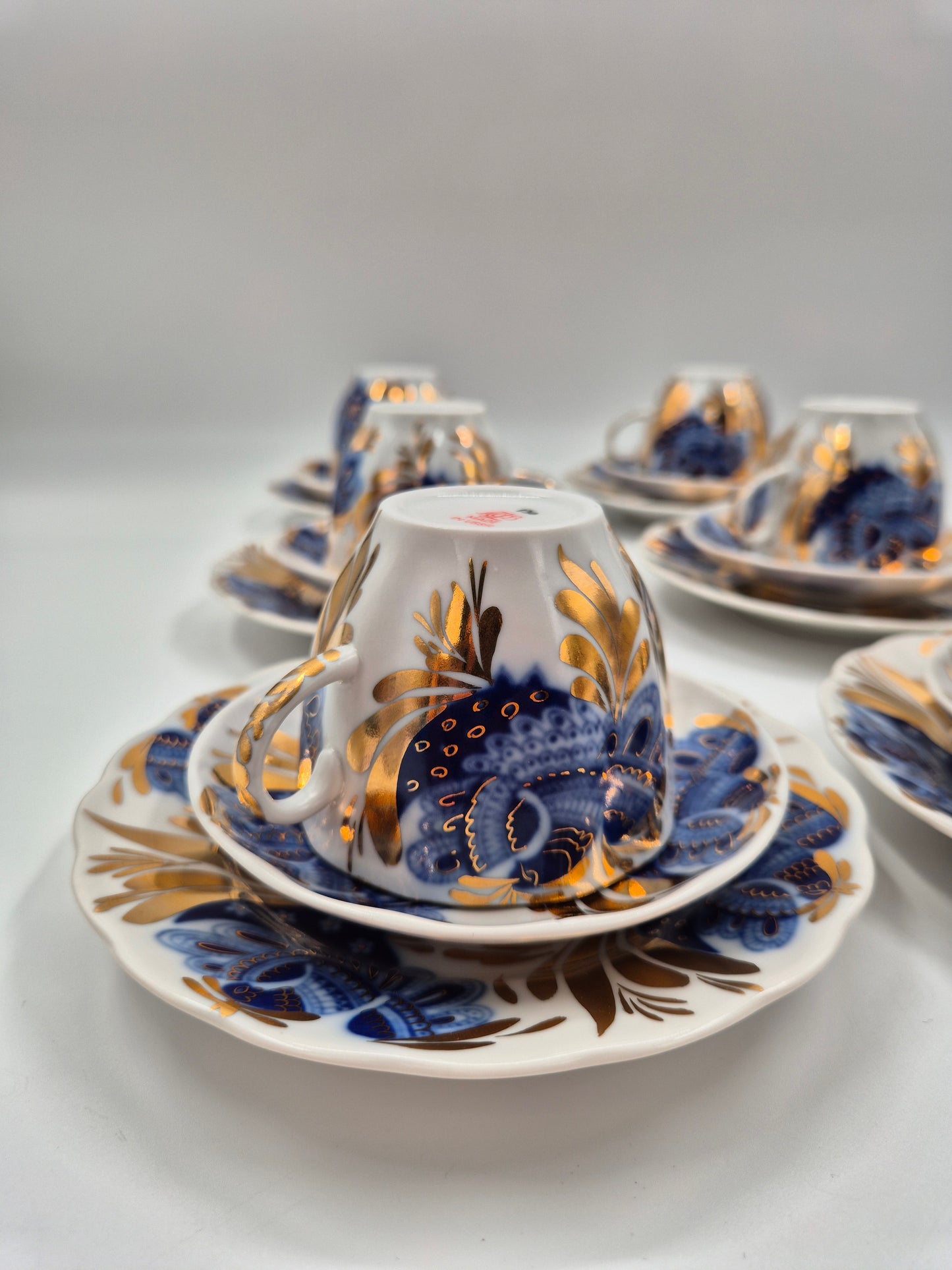 Vintage Lomonosov LFZ Golden Garden Coffee Set, 18-Piece USSR Porcelain