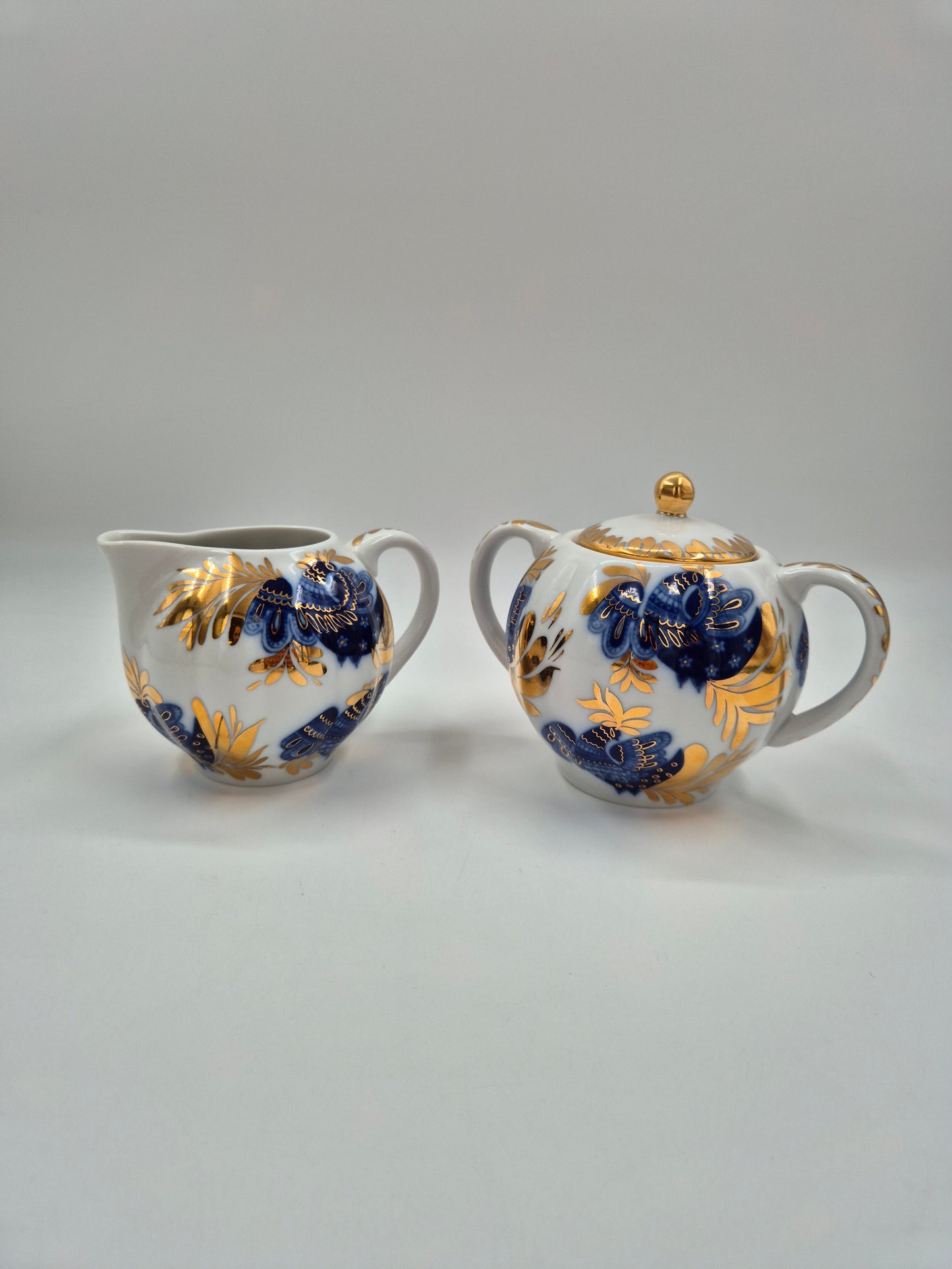LFZ USSR Porcelain Vintage Lomonosov Golden Garden Sugar Bowl & Creamer