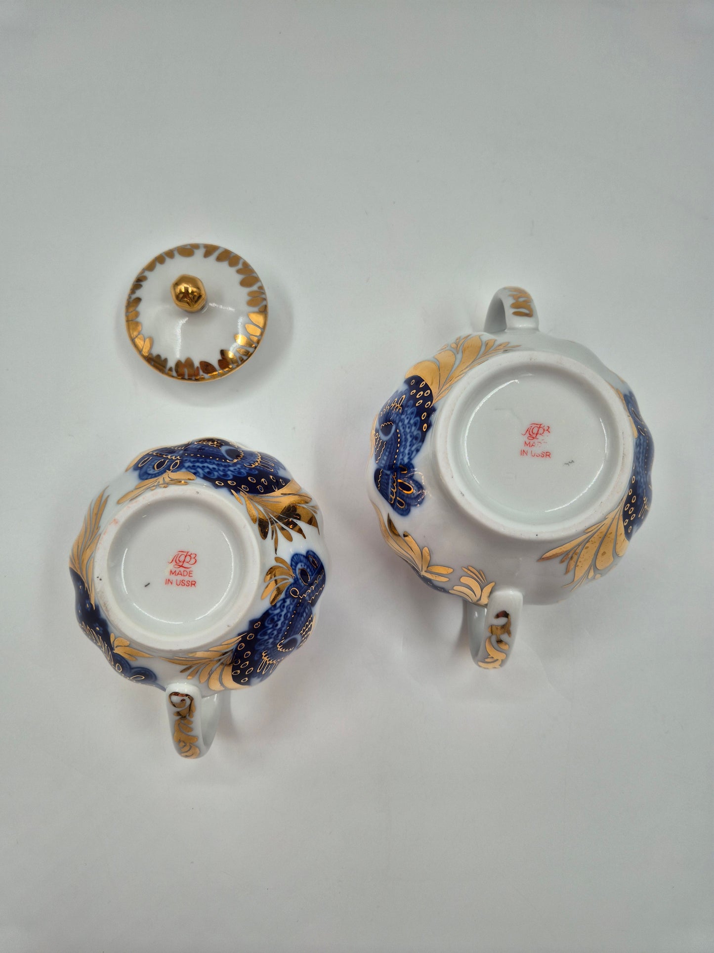 LFZ USSR Porcelain Vintage Lomonosov Golden Garden Sugar Bowl & Creamer